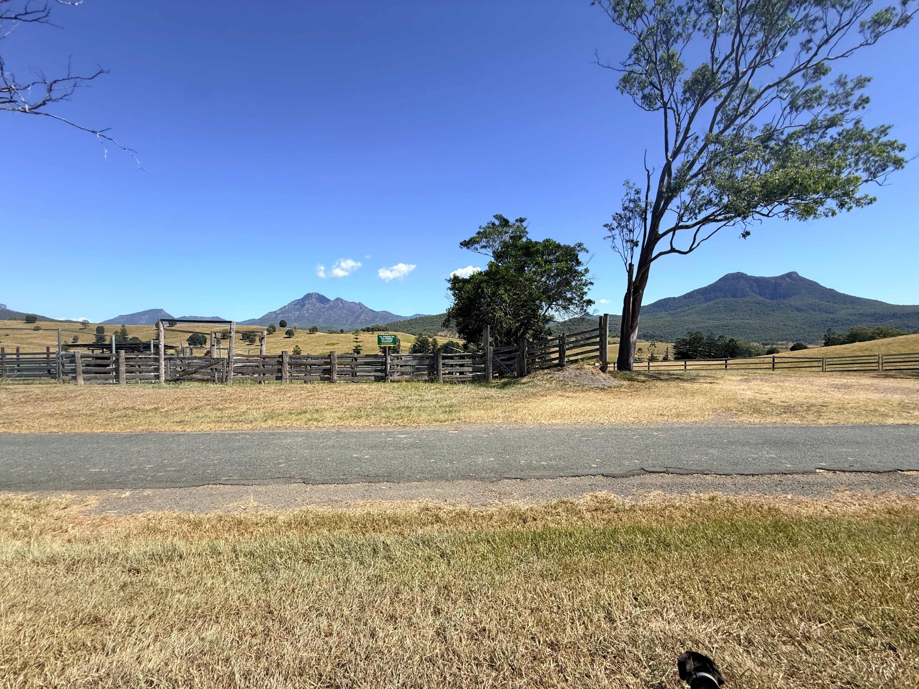 The image shows a rural landscape featuring a road lined with grass, a wooden fence, and distant mountains under a clear blue sky.