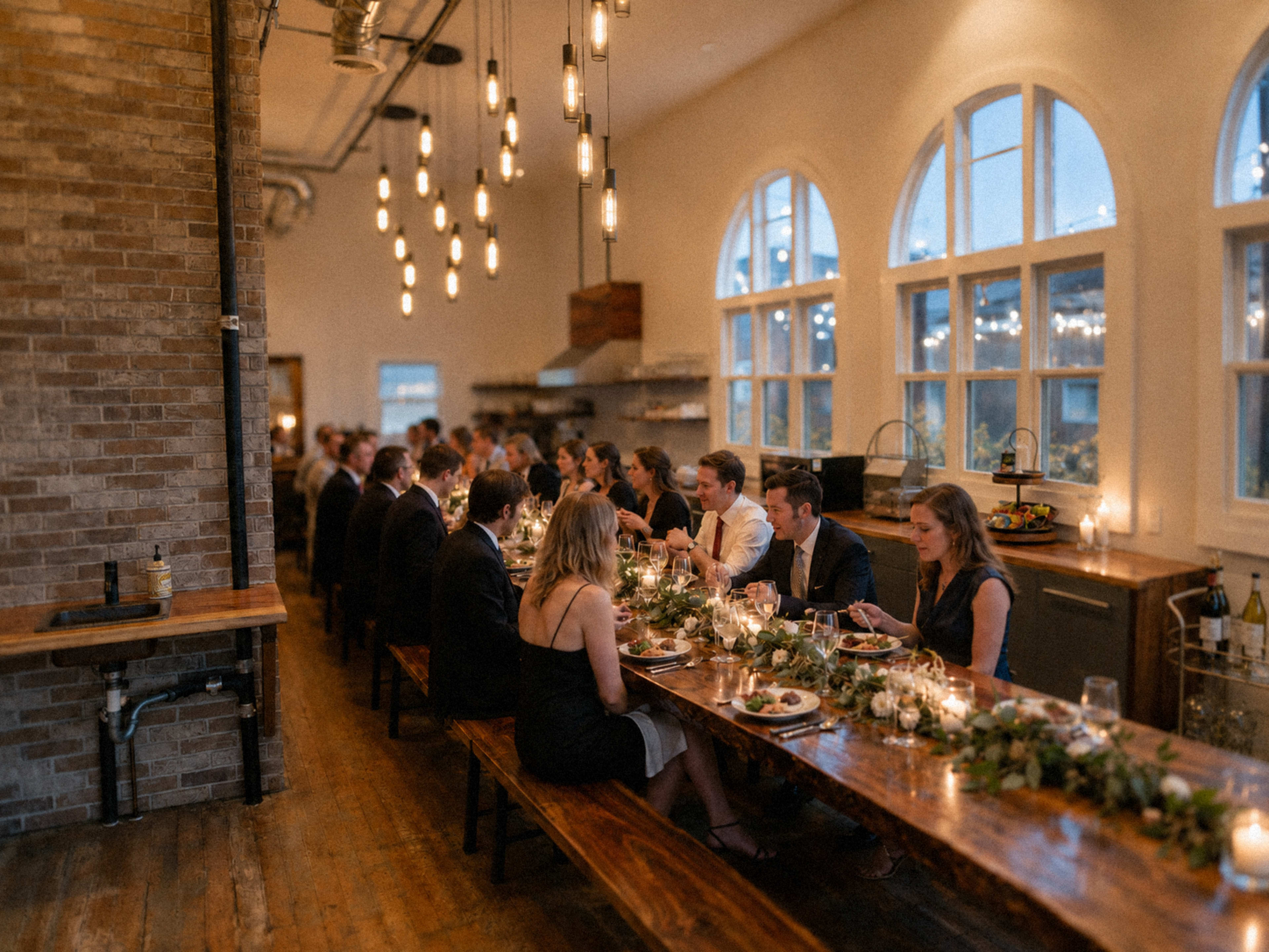 A long dining table is set for a formal dinner in a warmly lit room, filled with guests enjoying their meal.