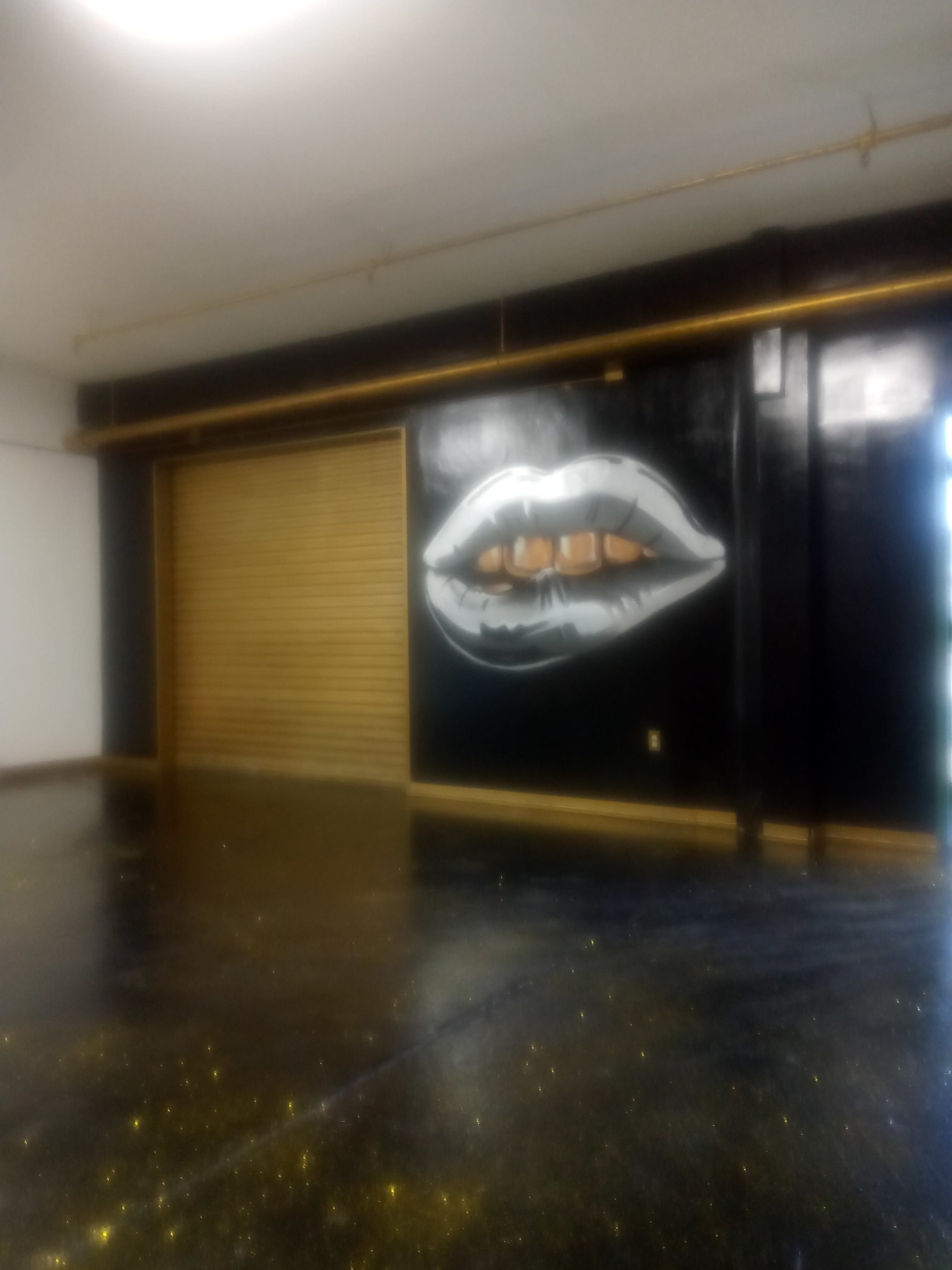 A wall features a large mural of a pair of lips with gold accents, alongside a closed rolling shutter.