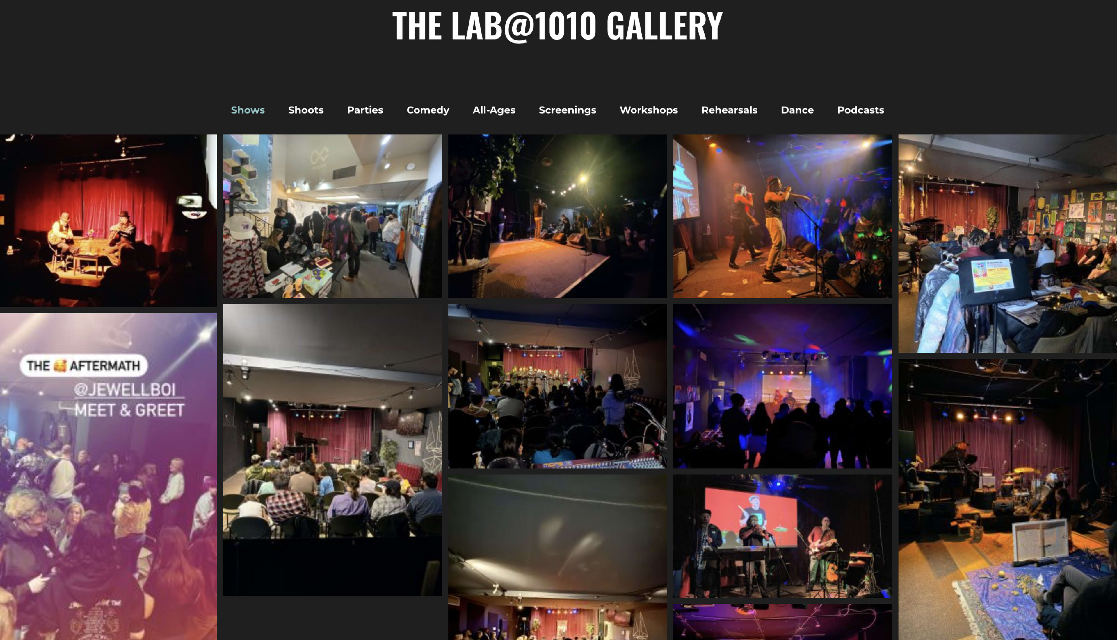 The image displays a collage of photos featuring various events held at The Lab@1010 Gallery, including performances, gatherings, and workshops.