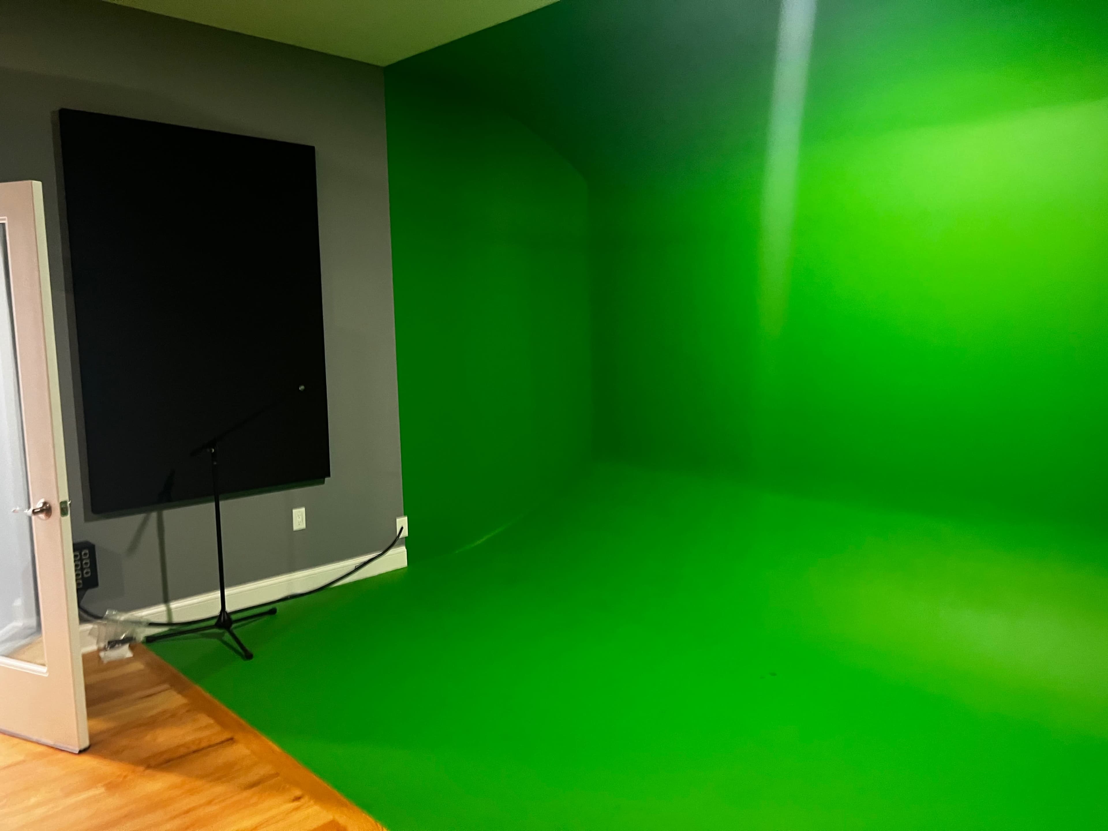 A room with a solid green backdrop, a microphone stand in the corner, and a door leading outside.