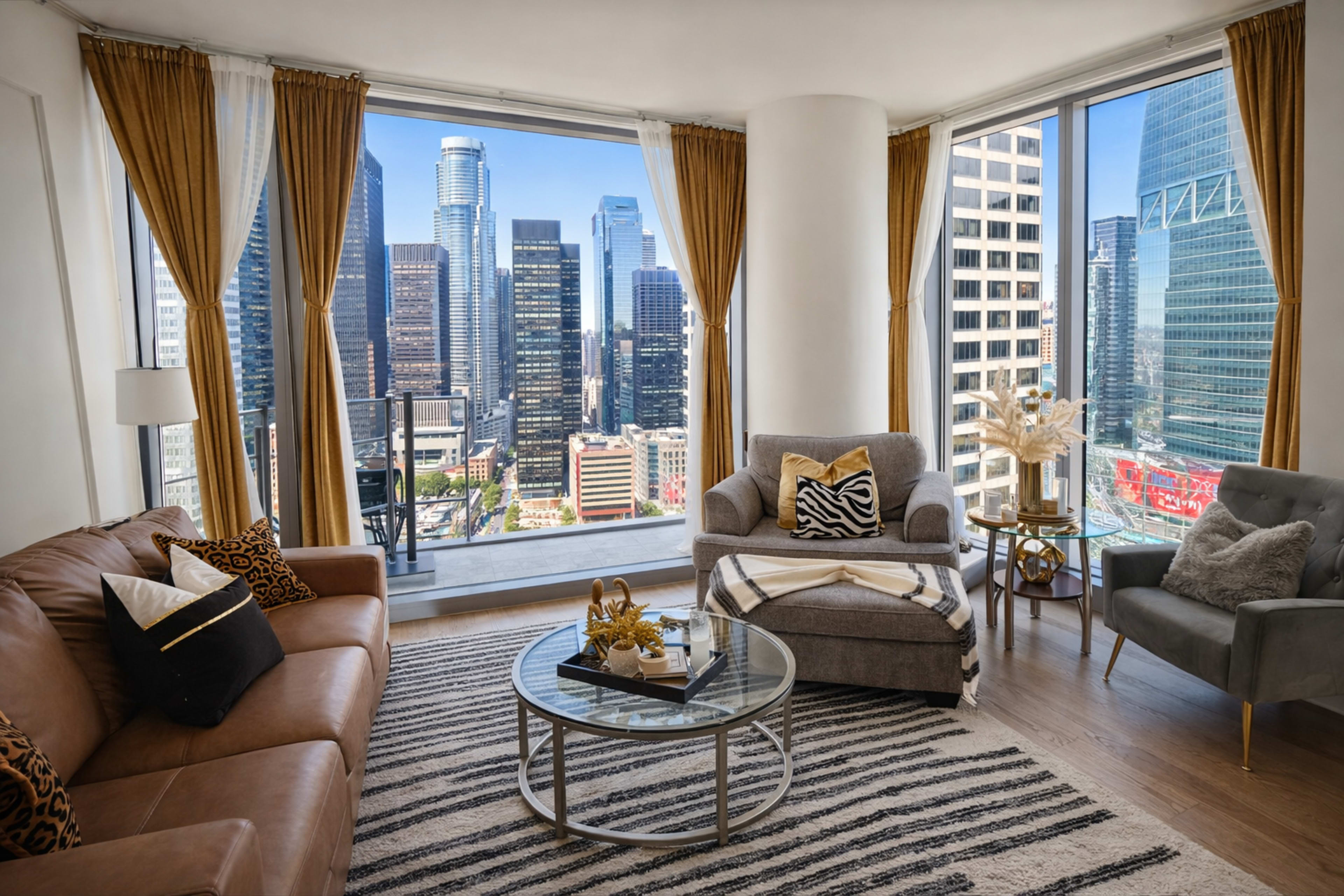 The image shows a modern living room with large windows overlooking a city skyline, featuring a brown leather sofa, a round glass coffee table, and decorative accents.