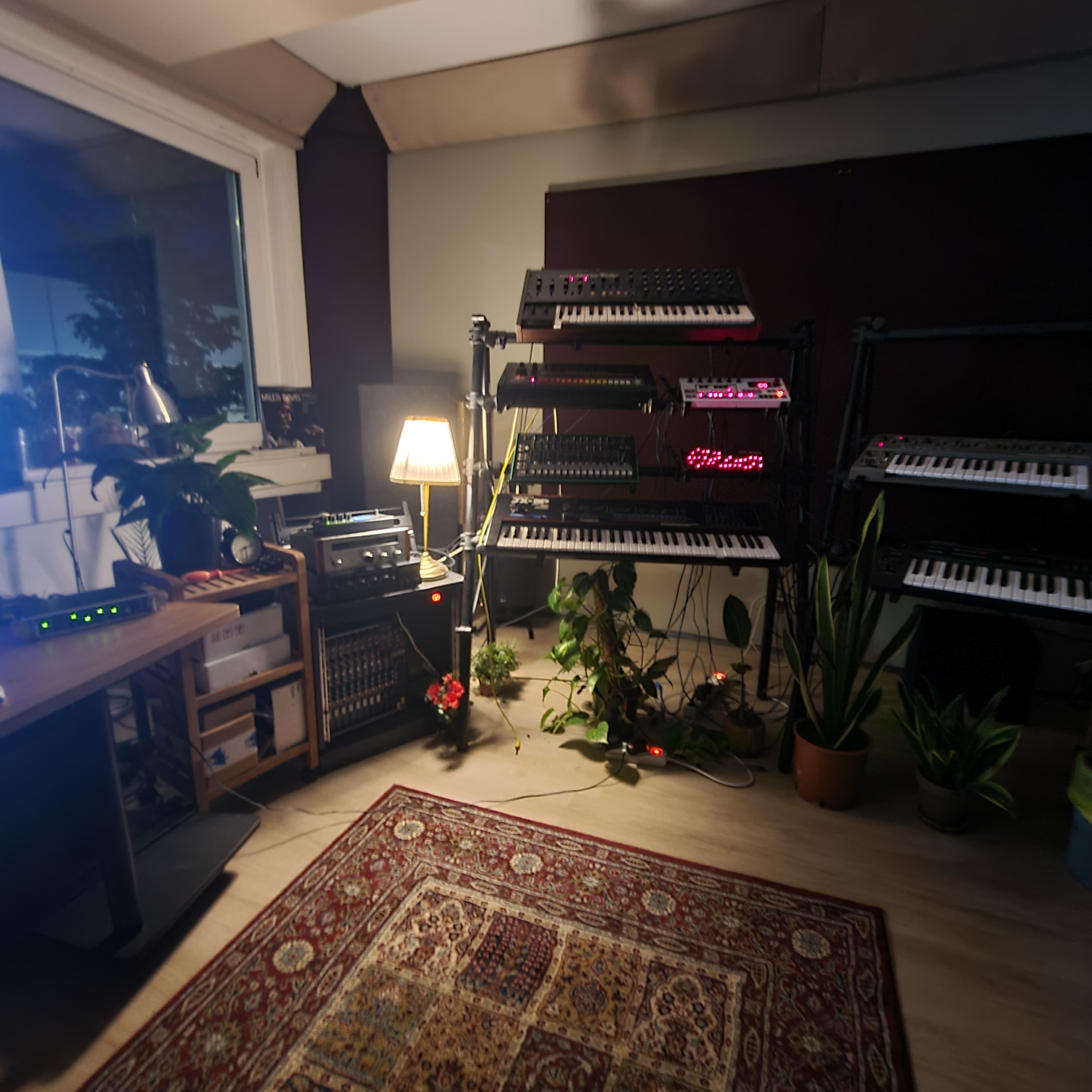The image shows a music studio setup with synthesizers on racks, a lamp illuminating the space, and various plants arranged throughout.