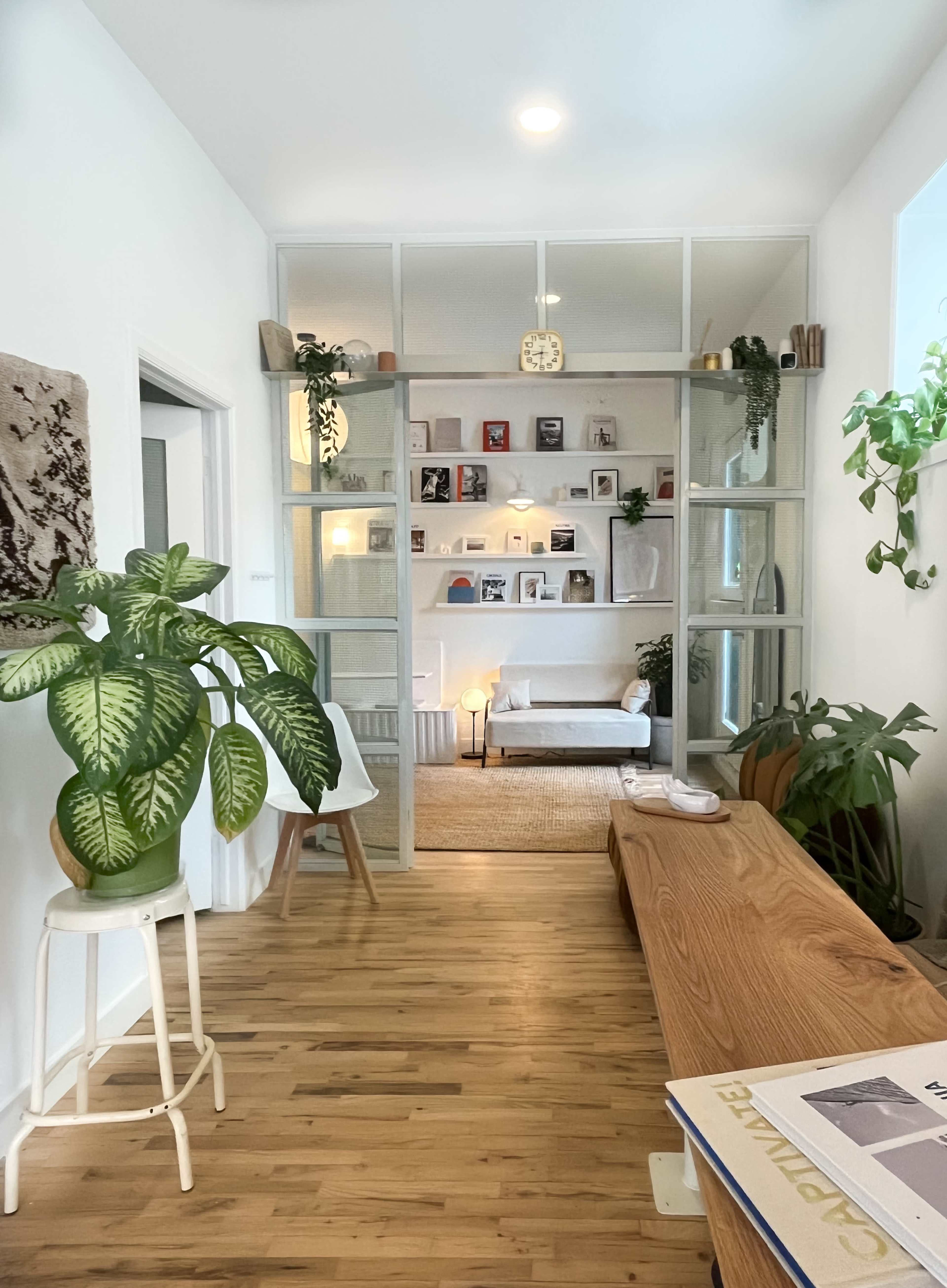 A bright interior space featuring a plants, wooden flooring, and a shelf with decorative items and books.