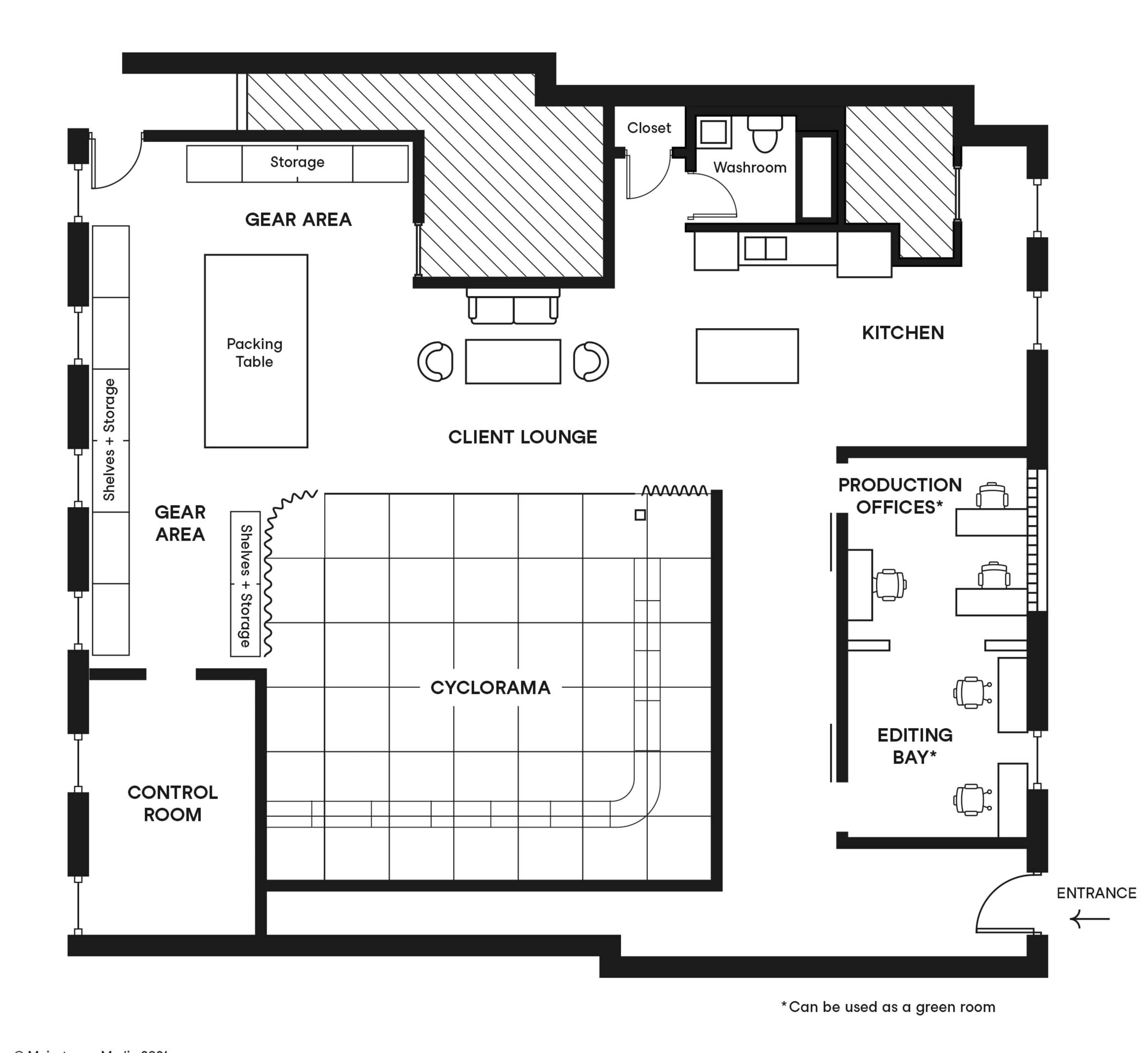 The layout features a functional space with areas designated for client lounge, kitchen, production offices, control room, and editing bay.