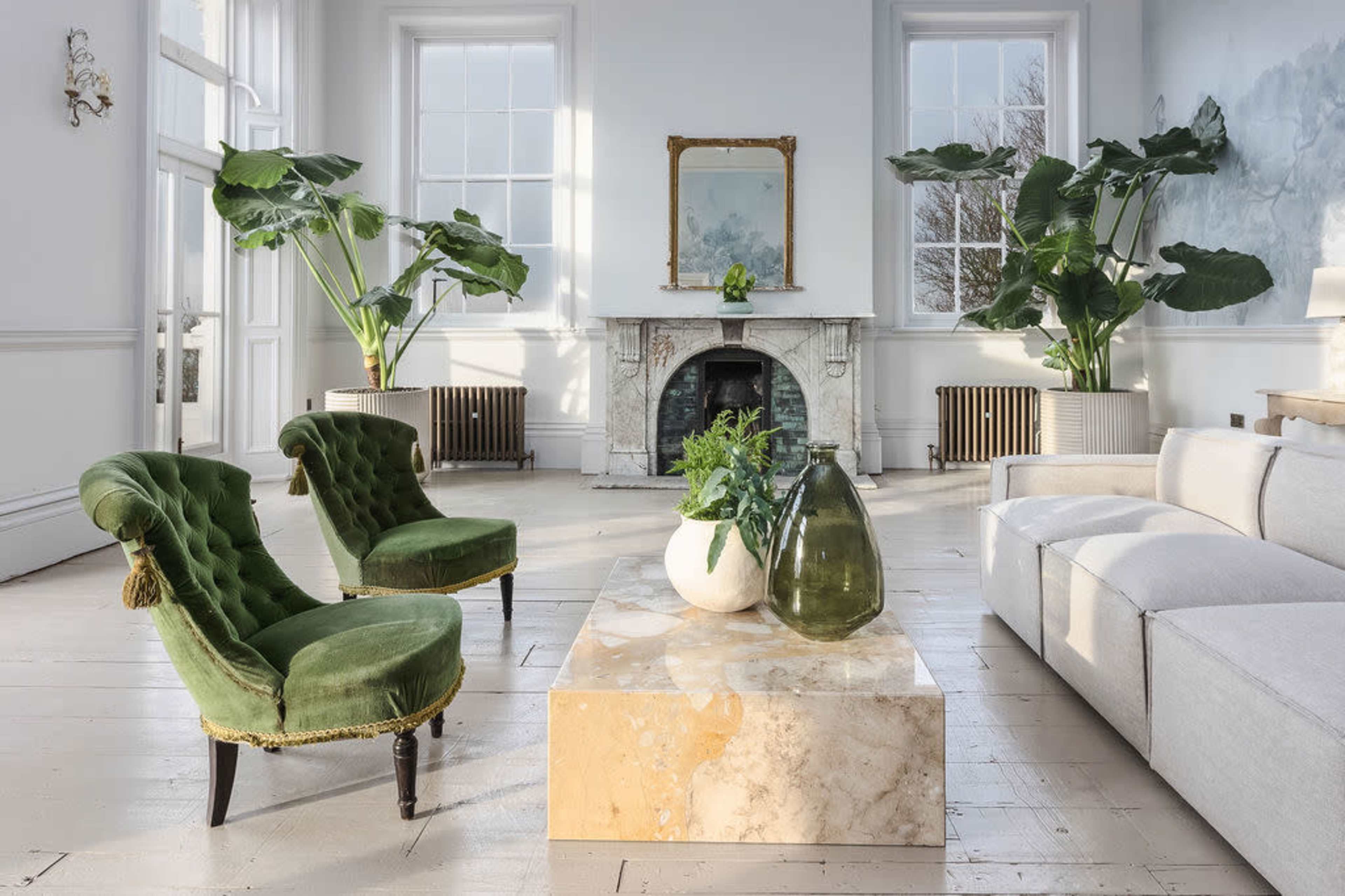 A bright, minimalist living room featuring two green velvet chairs, a marble coffee table, and large plants near large windows.