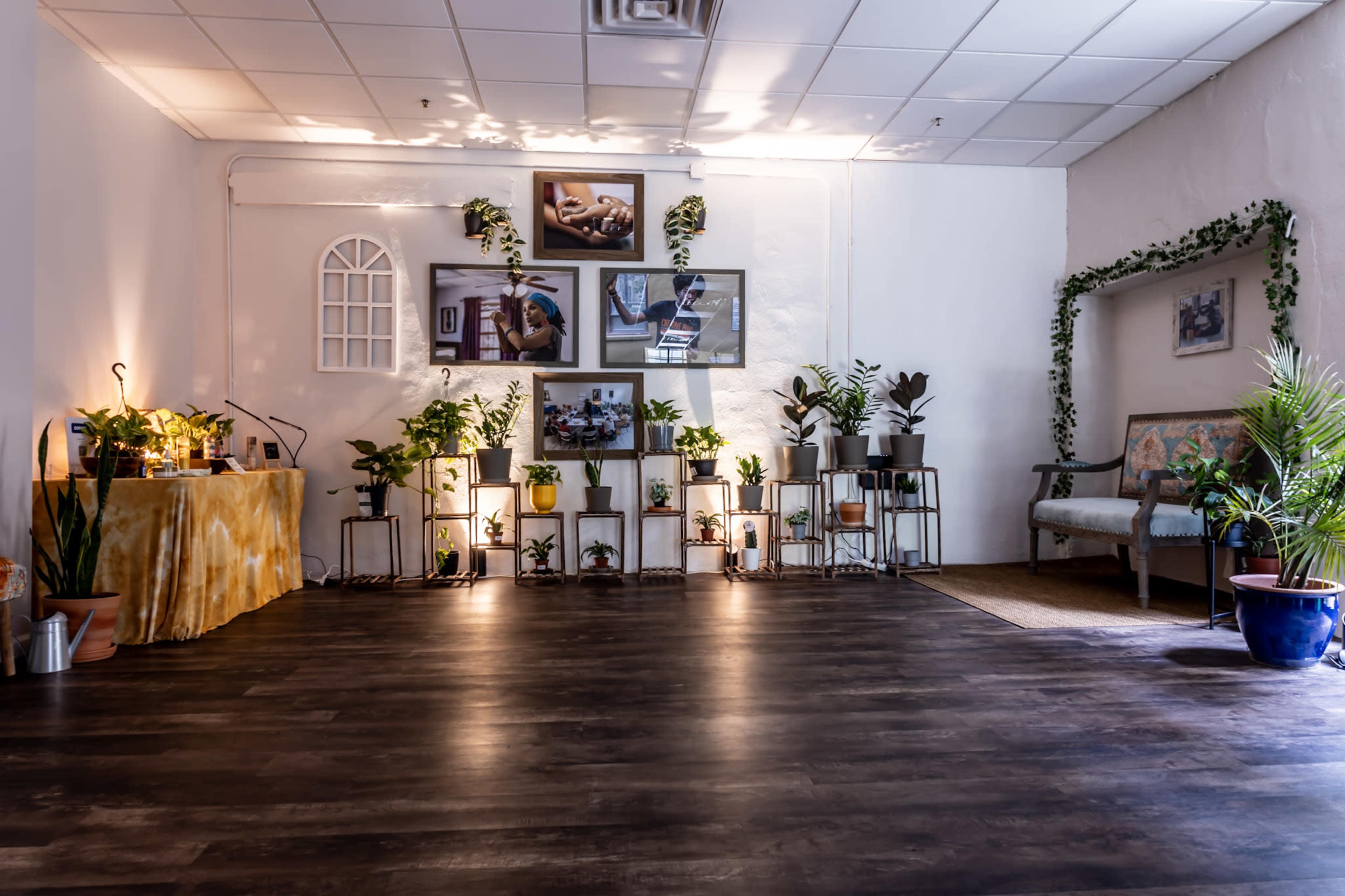 A room with a wooden floor features a display of various plants on shelving units, a small seating area, and framed images on the walls.