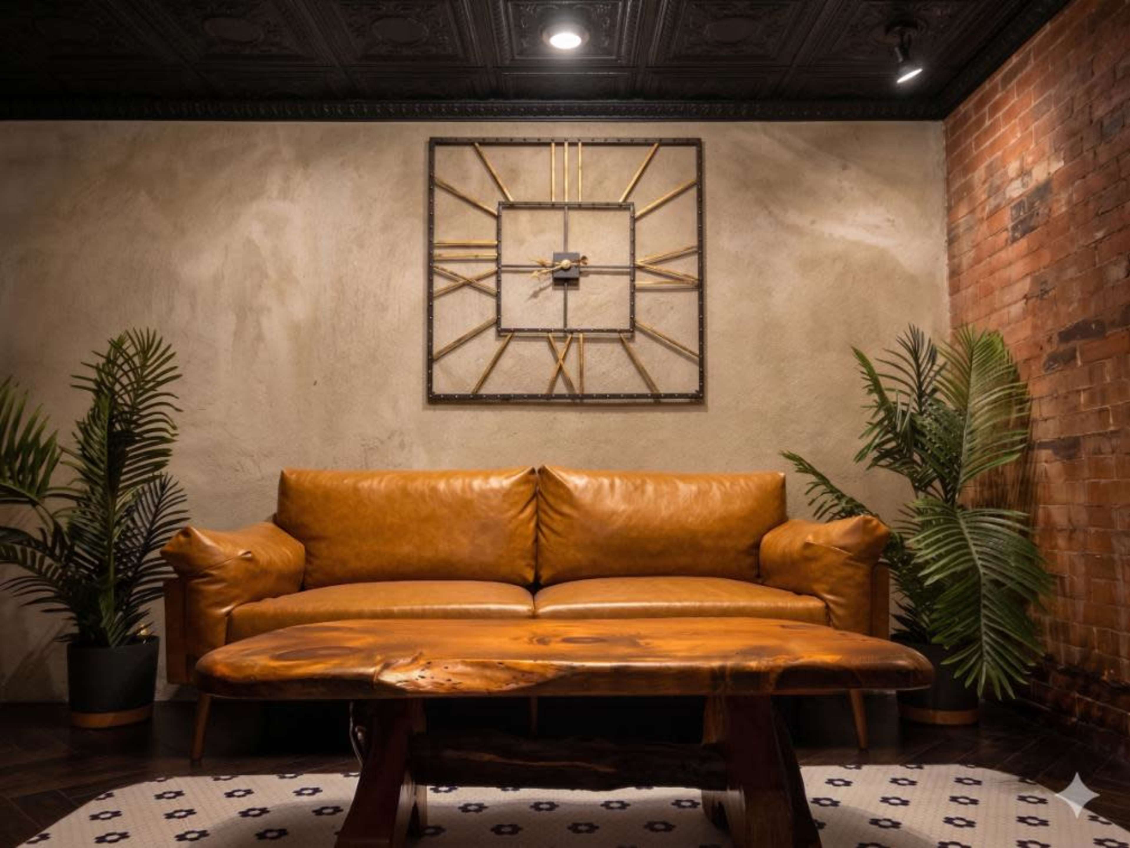 The image features a modern living room with a brown leather sofa, a wooden coffee table, and potted plants against a textured wall and brick accents.