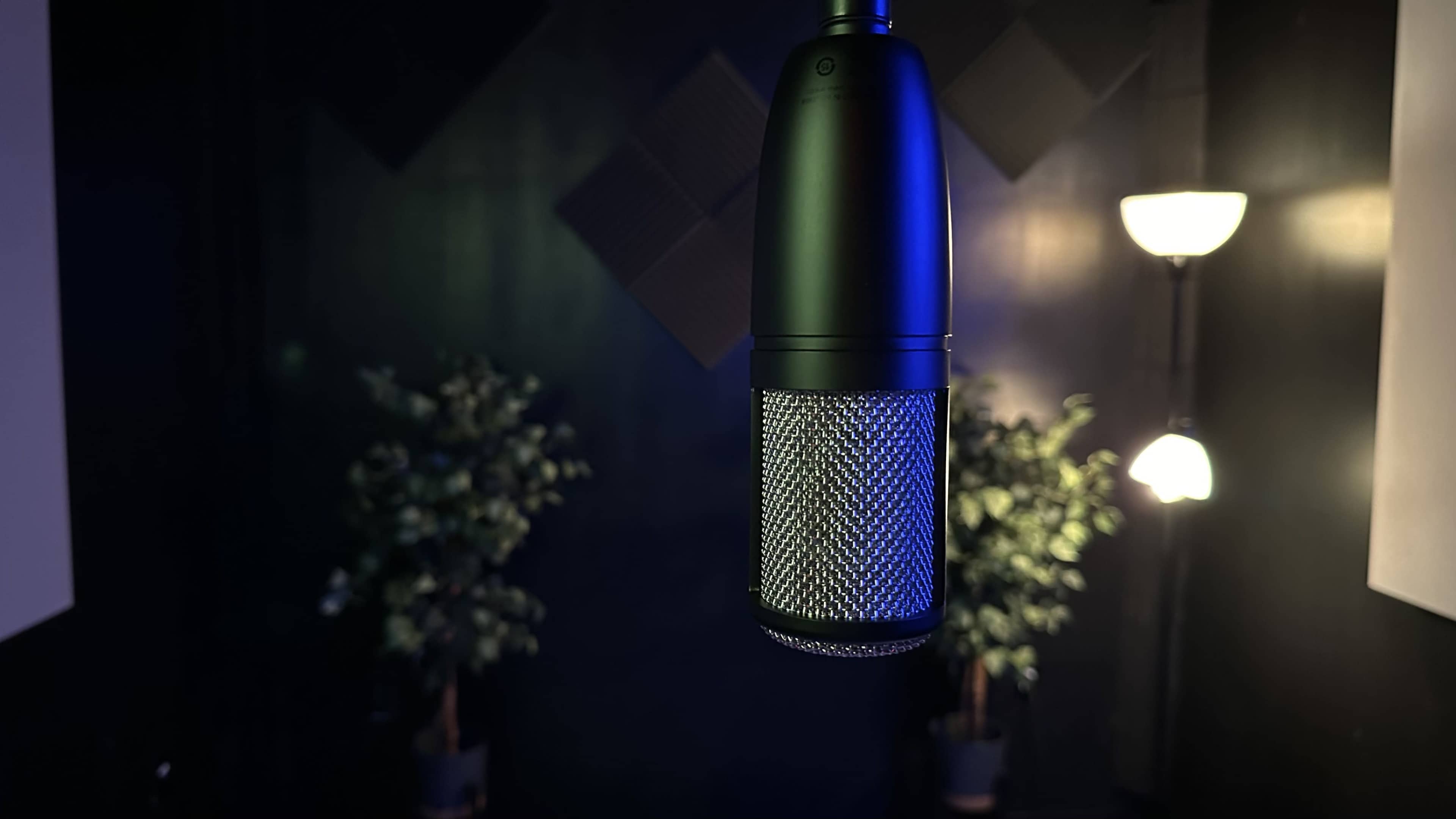A microphone hangs in a dimly lit recording studio with potted plants in the background.
