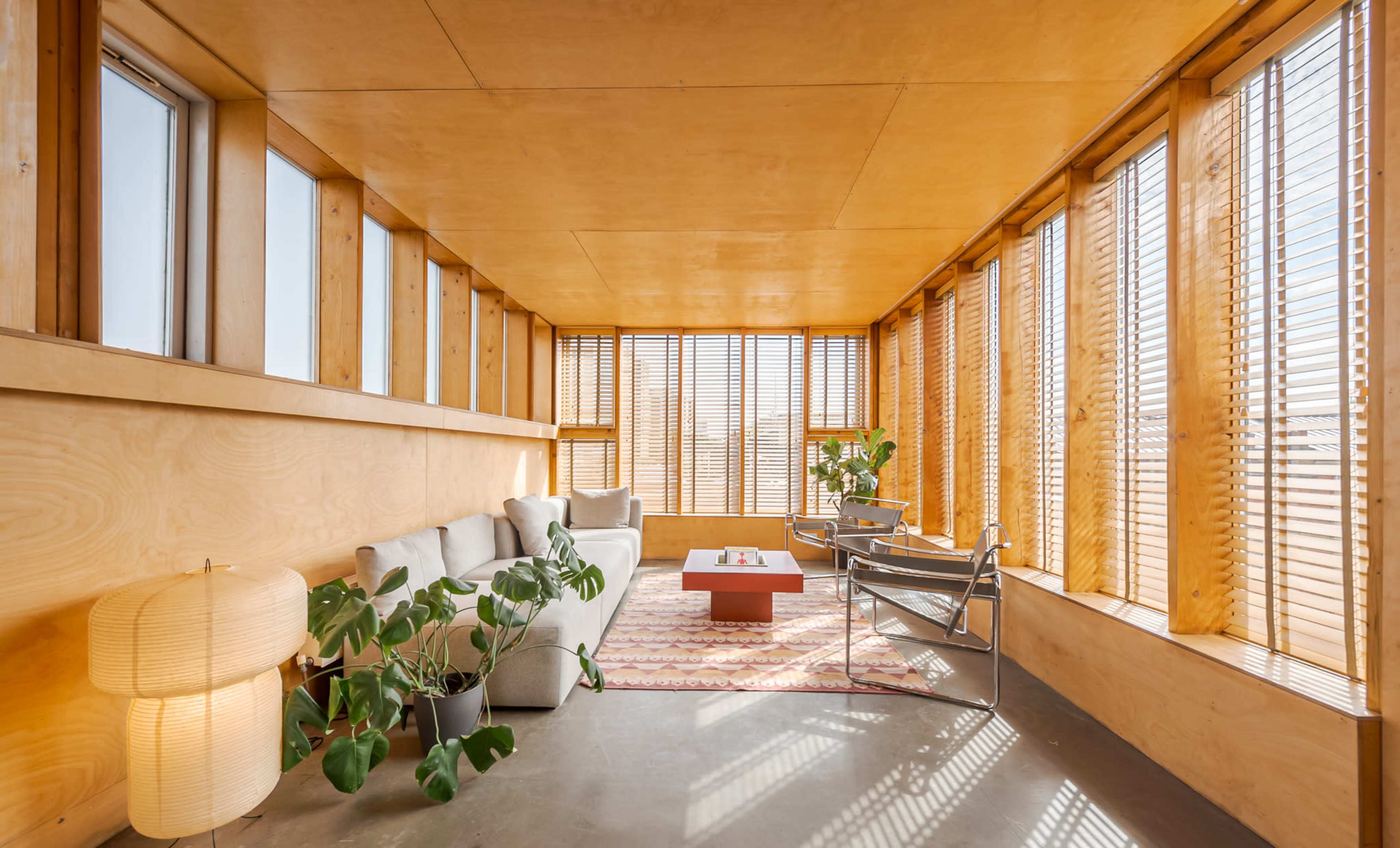 A modern, minimalistic living room with large windows, wooden walls, a light-colored sofa, a patterned rug, and potted plants.