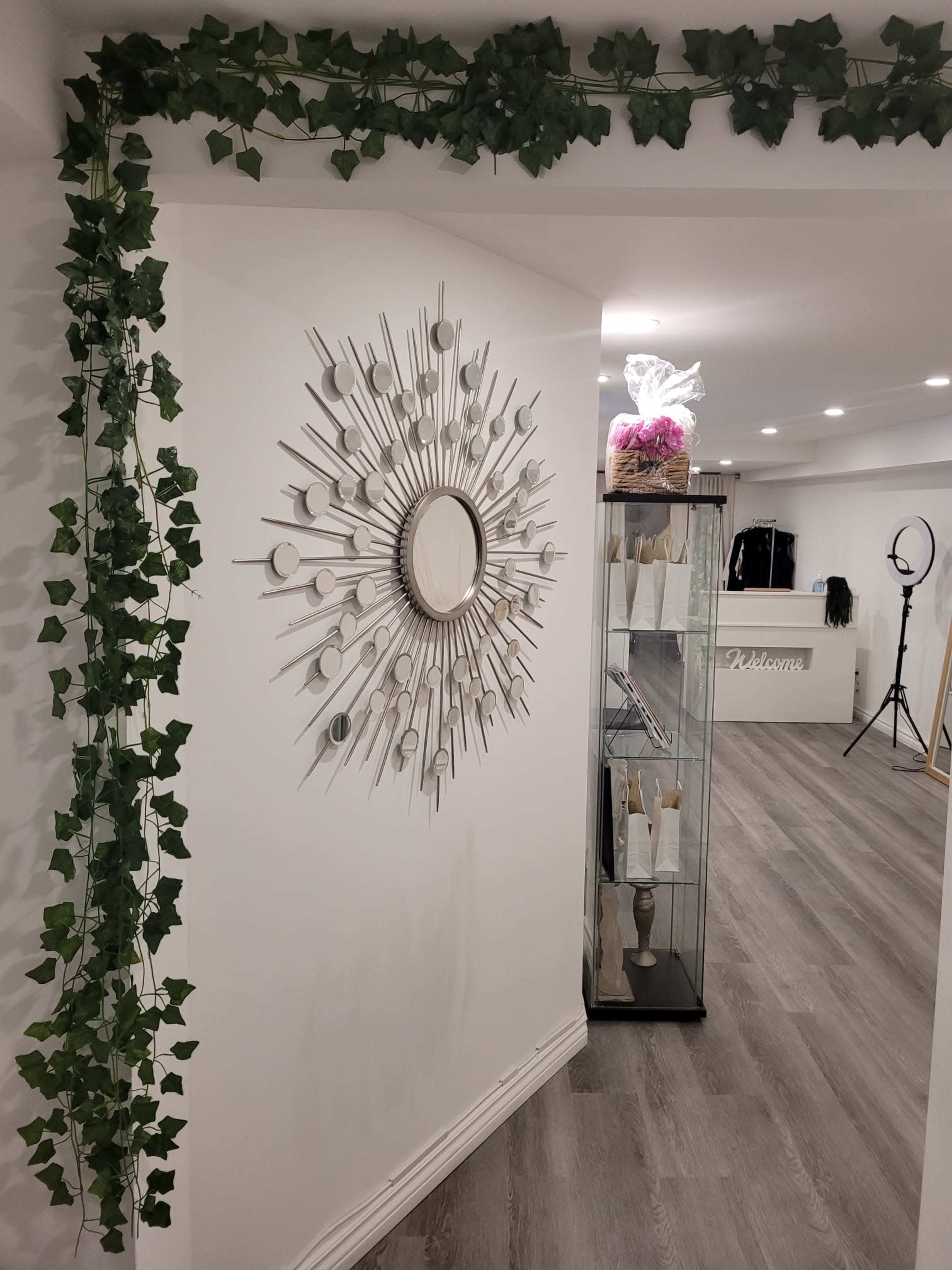 A modern interior hallway with a decorative mirror on the wall, trailing vines, and a display case filled with various items.