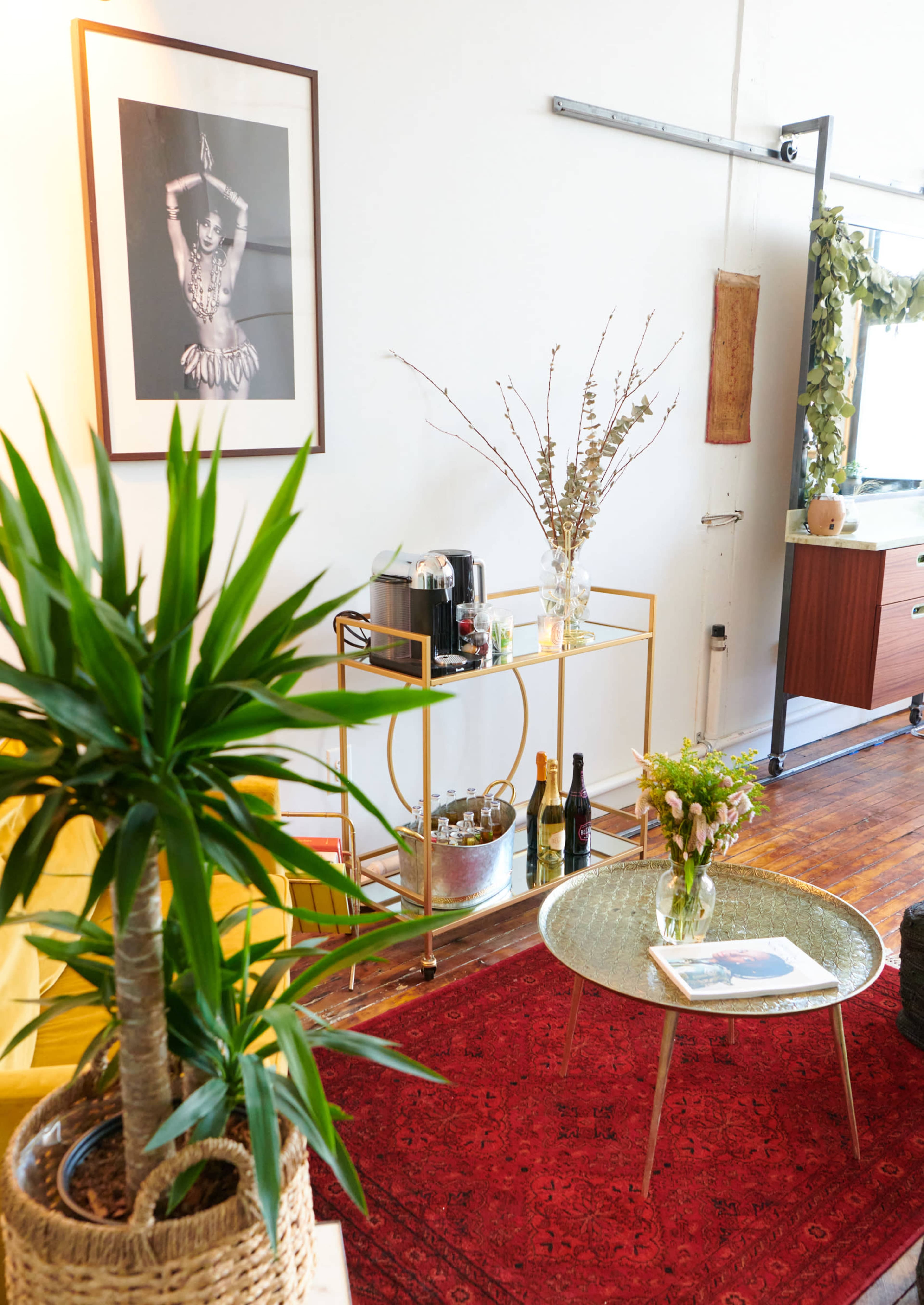 A modern living space features a gold bar cart with drinks, a round table on a red area rug, potted plants, and a framed black-and-white art piece on the wall.
