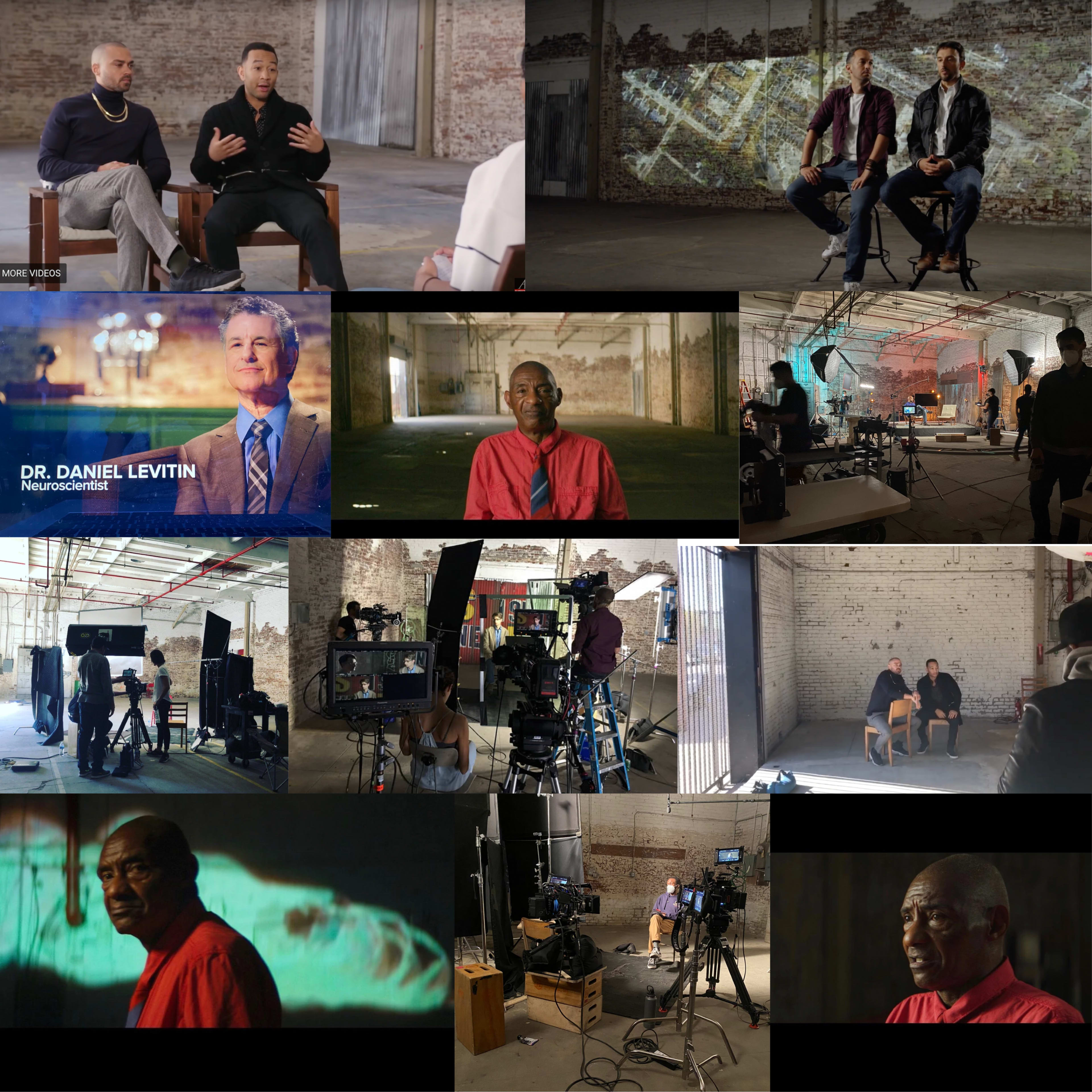 A collage of various scenes from a video production, including interviews with two men, a neuroscientist, and behind-the-scenes shots of filming equipment and set arrangements in an industrial-style space.