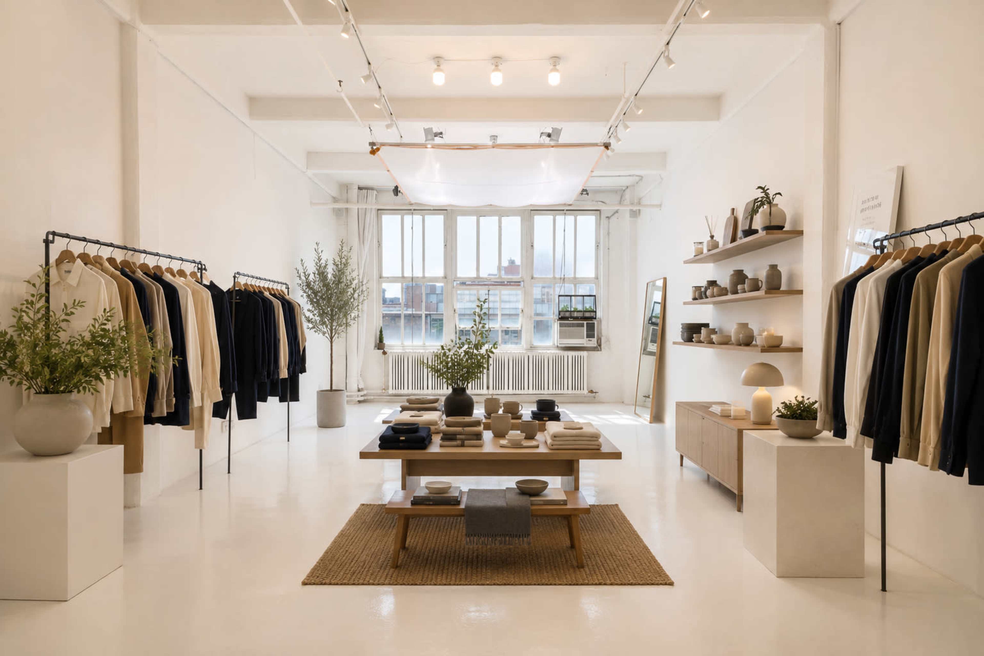 A minimalist retail space features clothing hanging on racks, a central display table with various items, and natural light streaming through large windows.