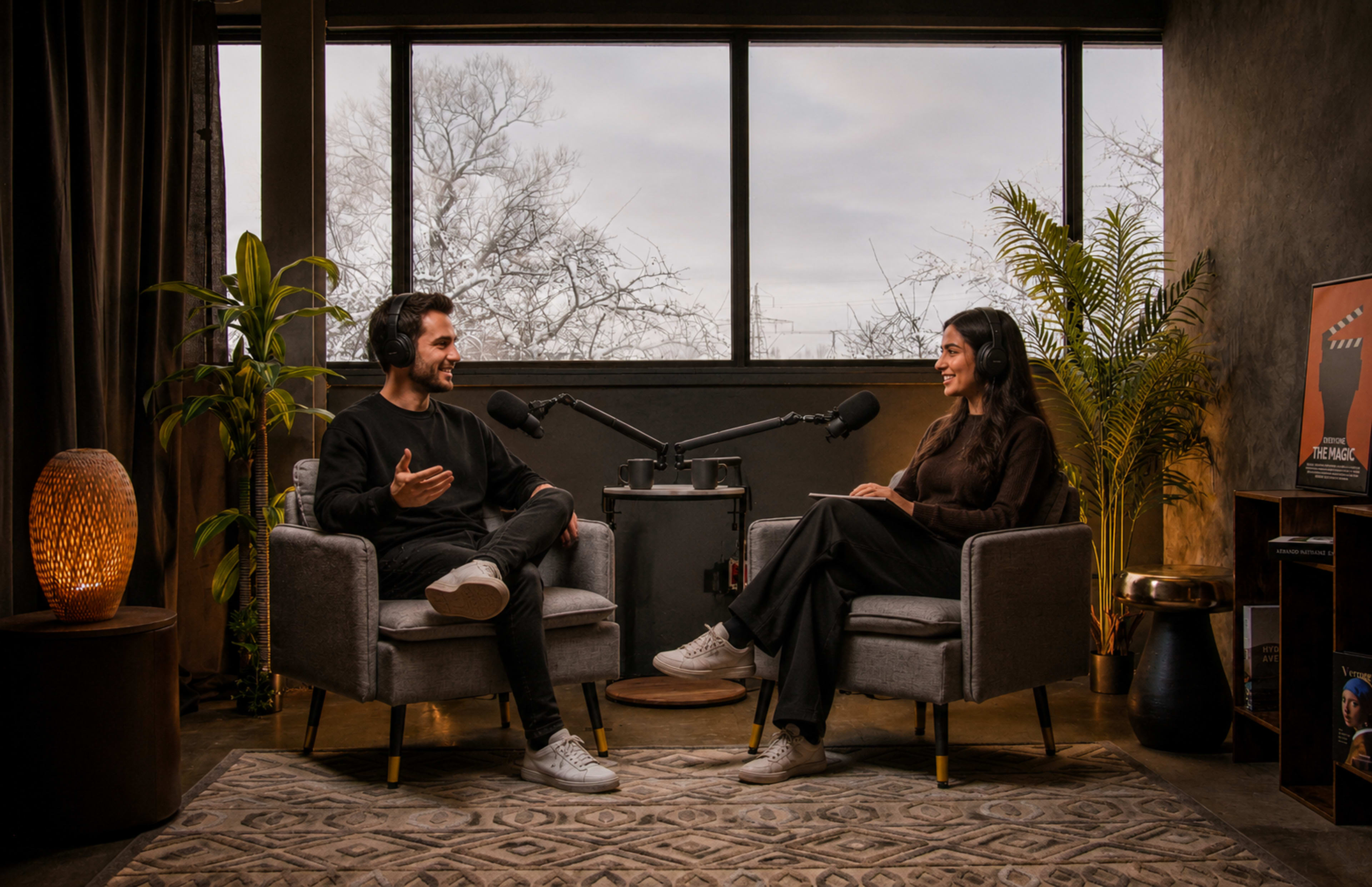 Two individuals are seated in comfortable chairs with microphones in front of them, engaging in conversation in a well-lit room featuring large windows and plants.
