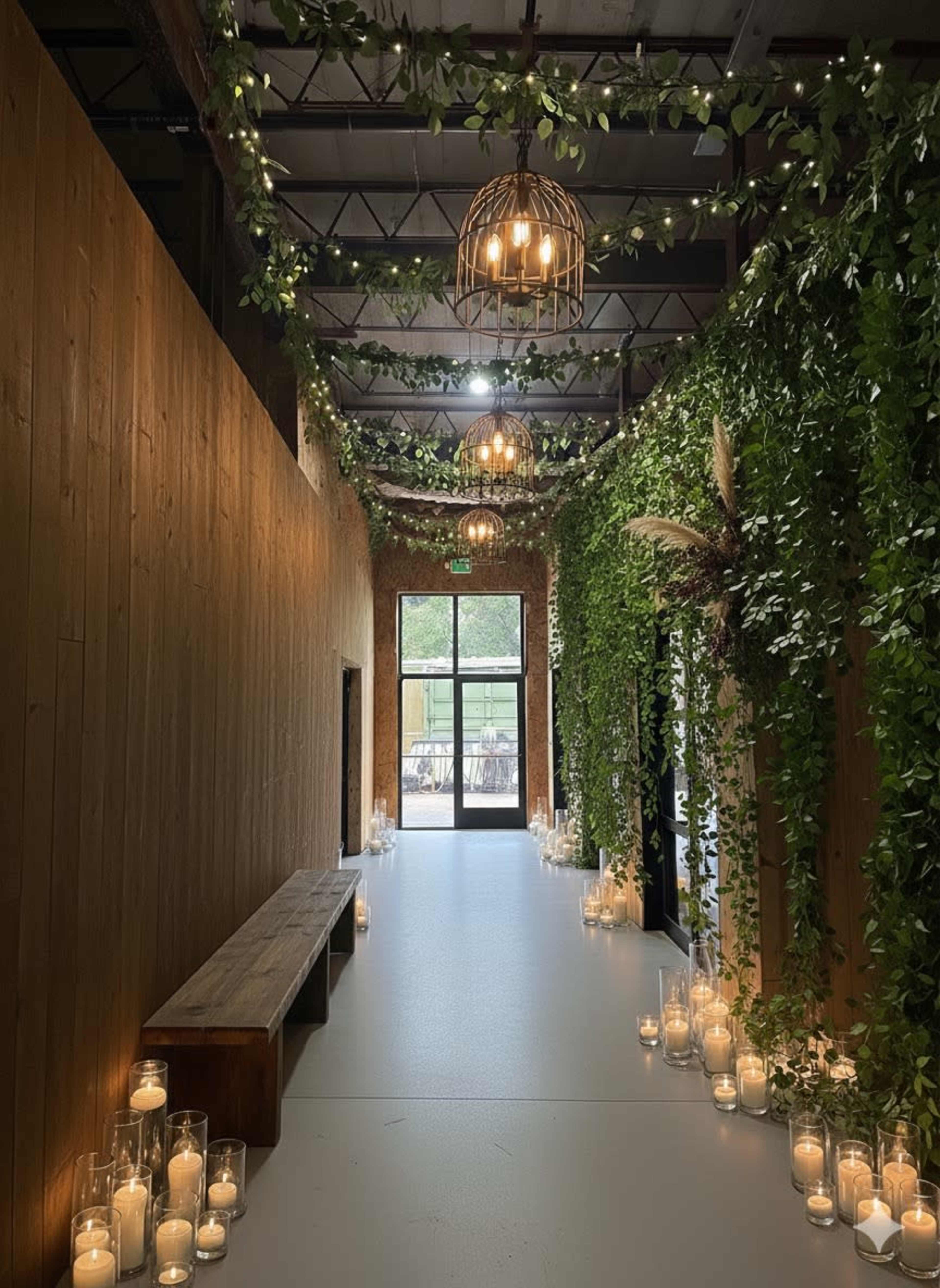 A hallway adorned with greenery and hanging lights, lined with candles on either side, leads to large glass doors at the end.
