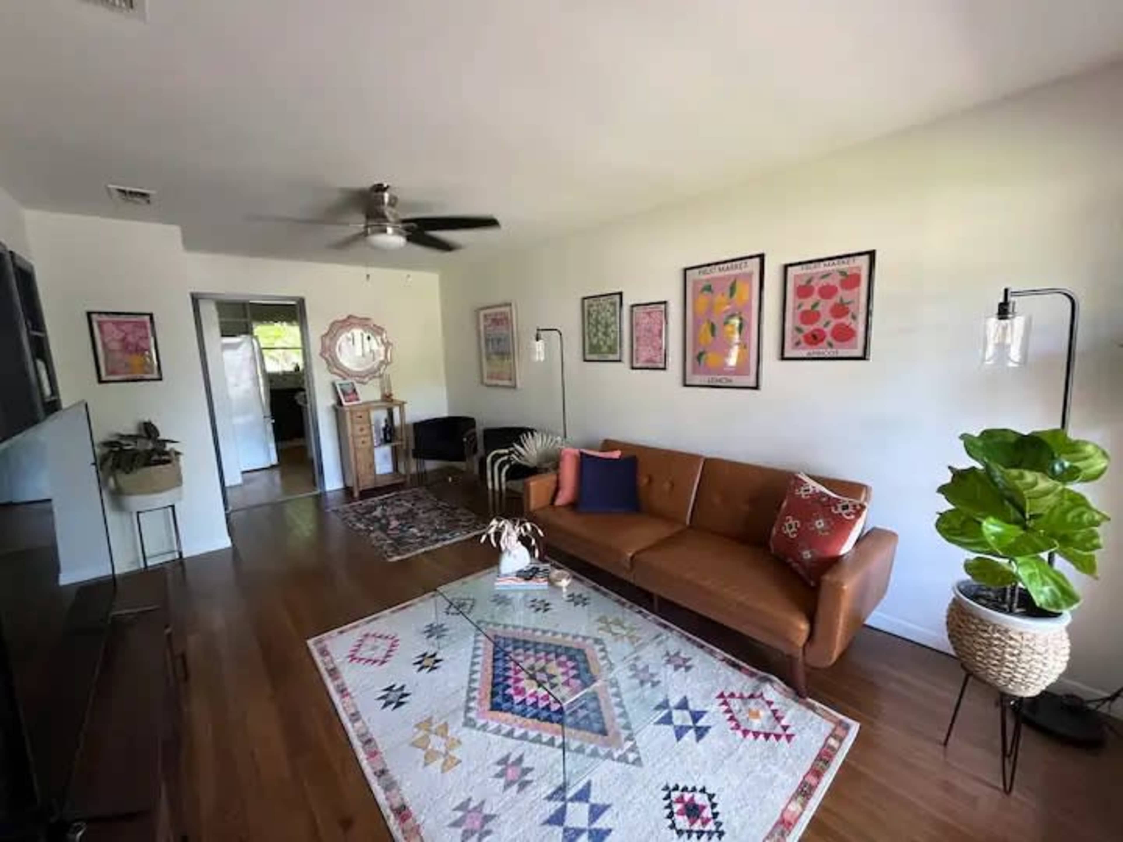 A living room featuring a brown sofa, colorful framed artwork on the walls, a patterned area rug, and a large potted plant.