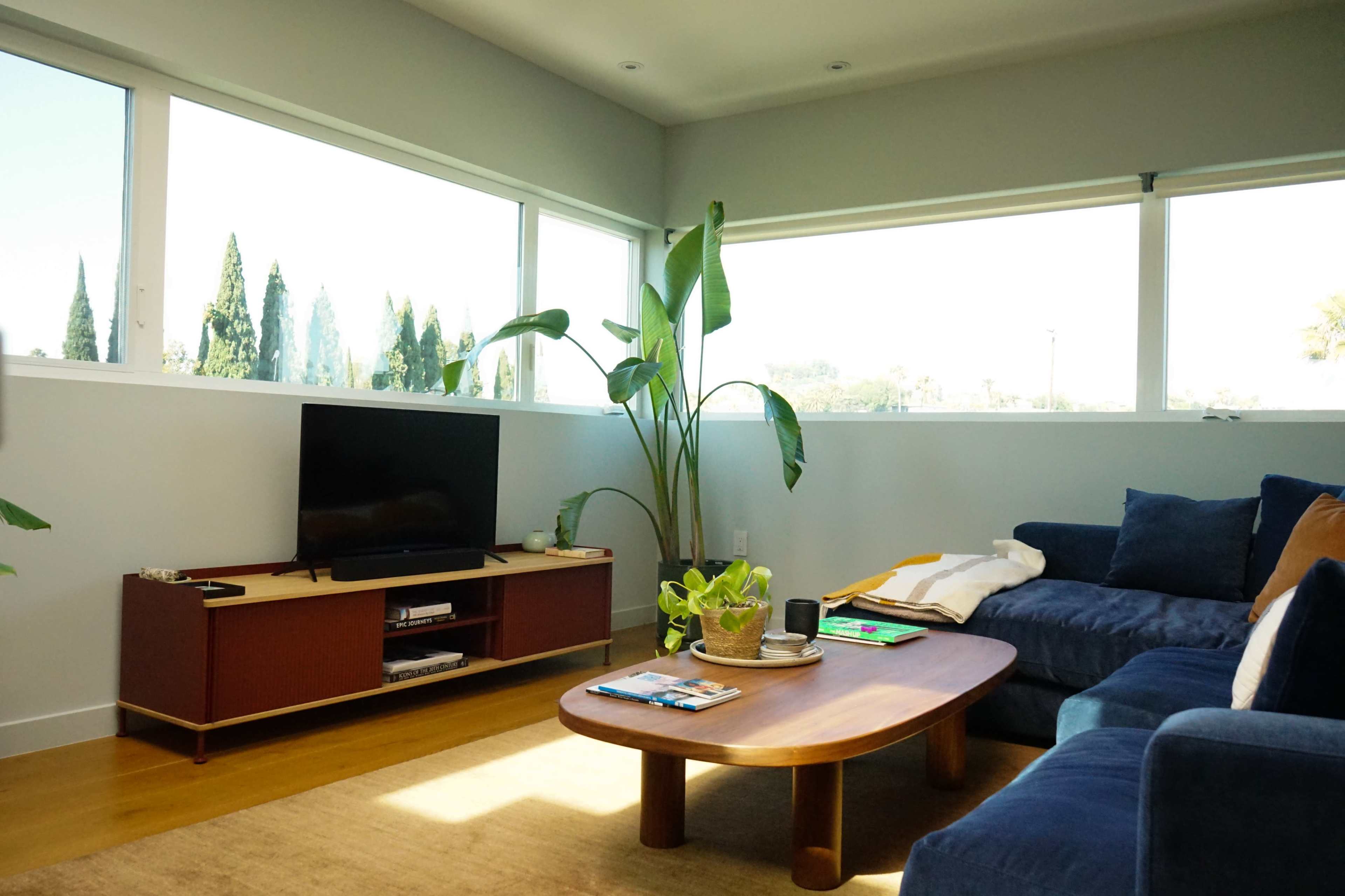 The scene depicts a modern living room featuring a blue sectional sofa, a wooden coffee table, a television console, and a large potted plant, with windows offering a view of greenery outside.