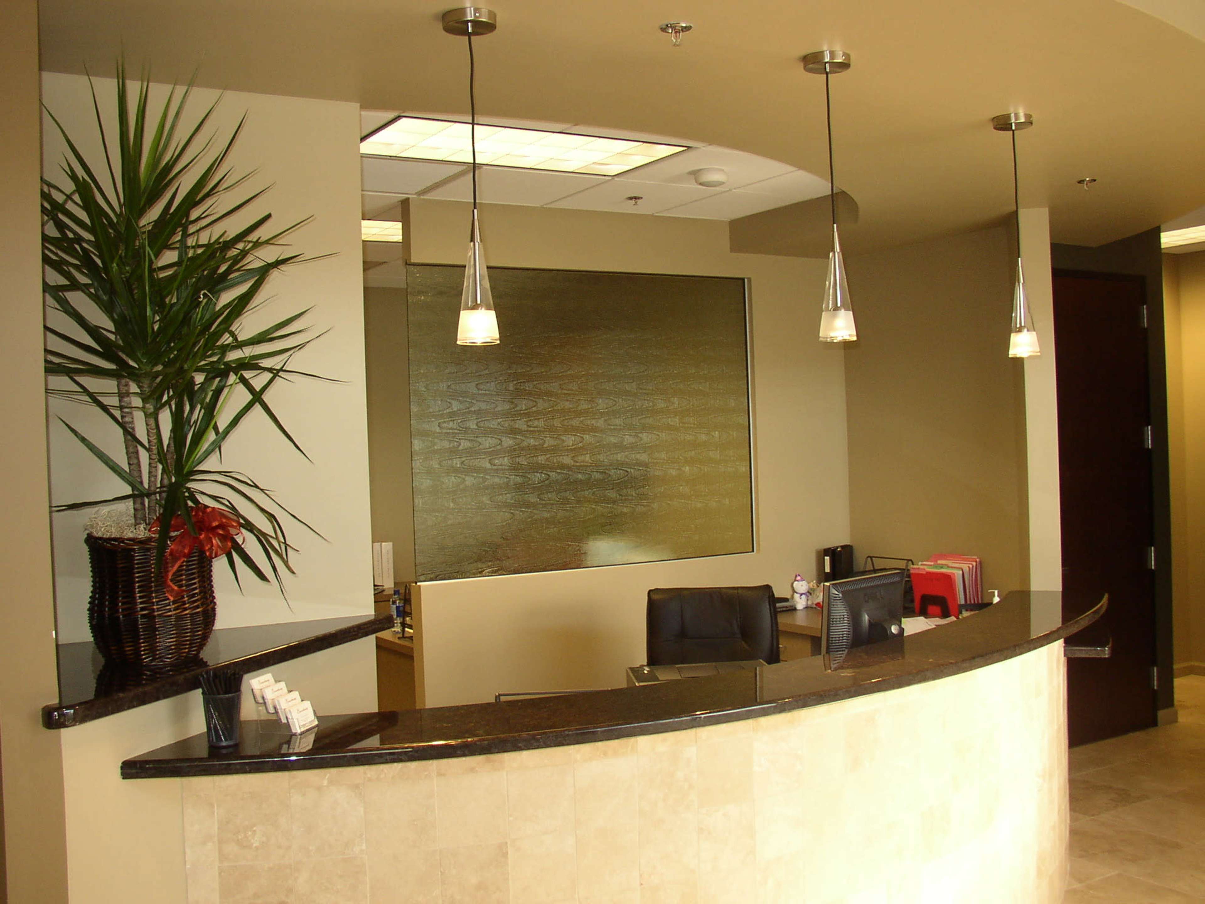 A modern reception area with a curved counter, two black chairs, and a plant positioned beside the entrance.