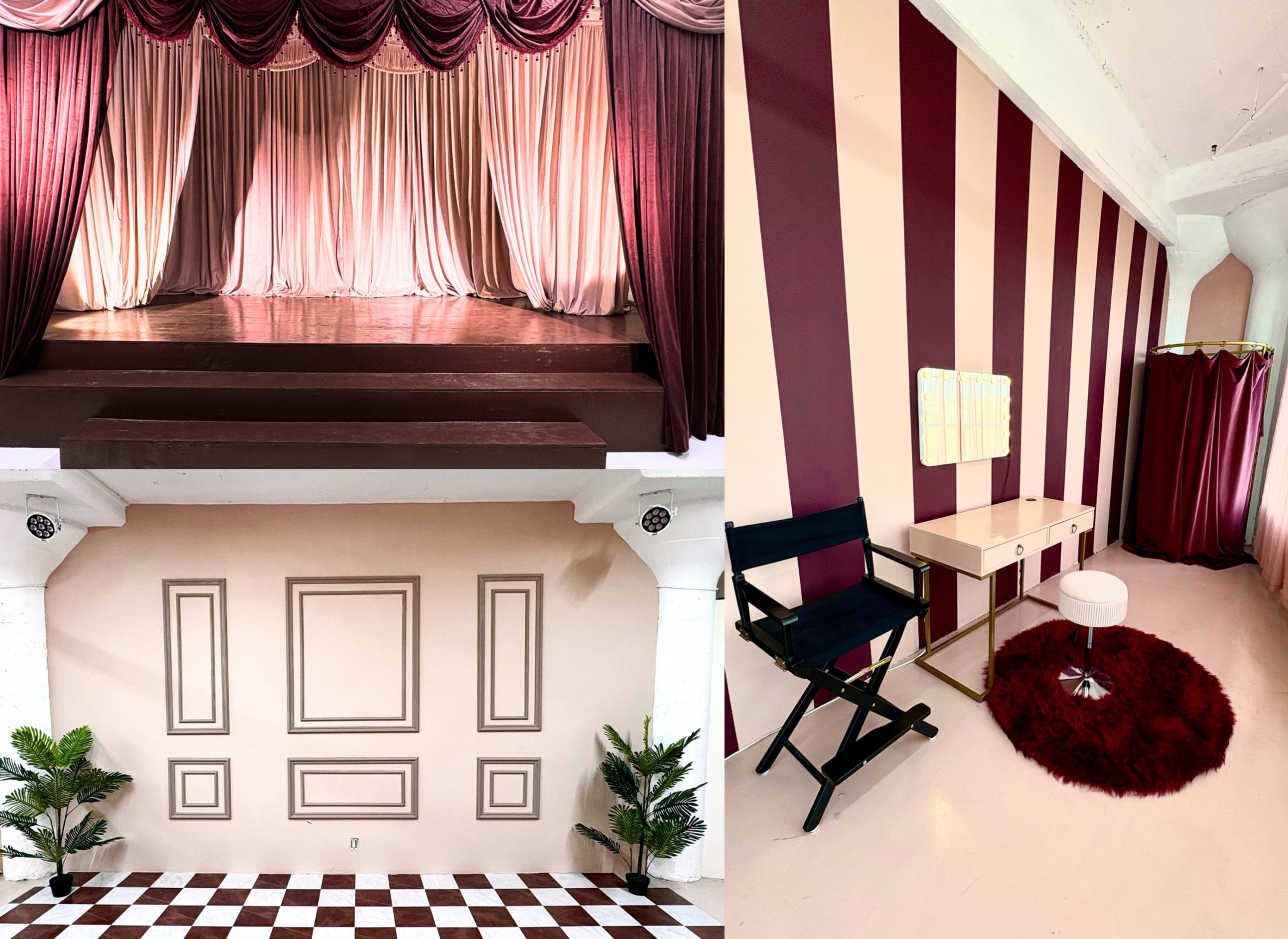 The image showcases two distinct spaces: a stage with draped curtains and a polished floor, and a room featuring a striped wall, a vanity table, and a chair.