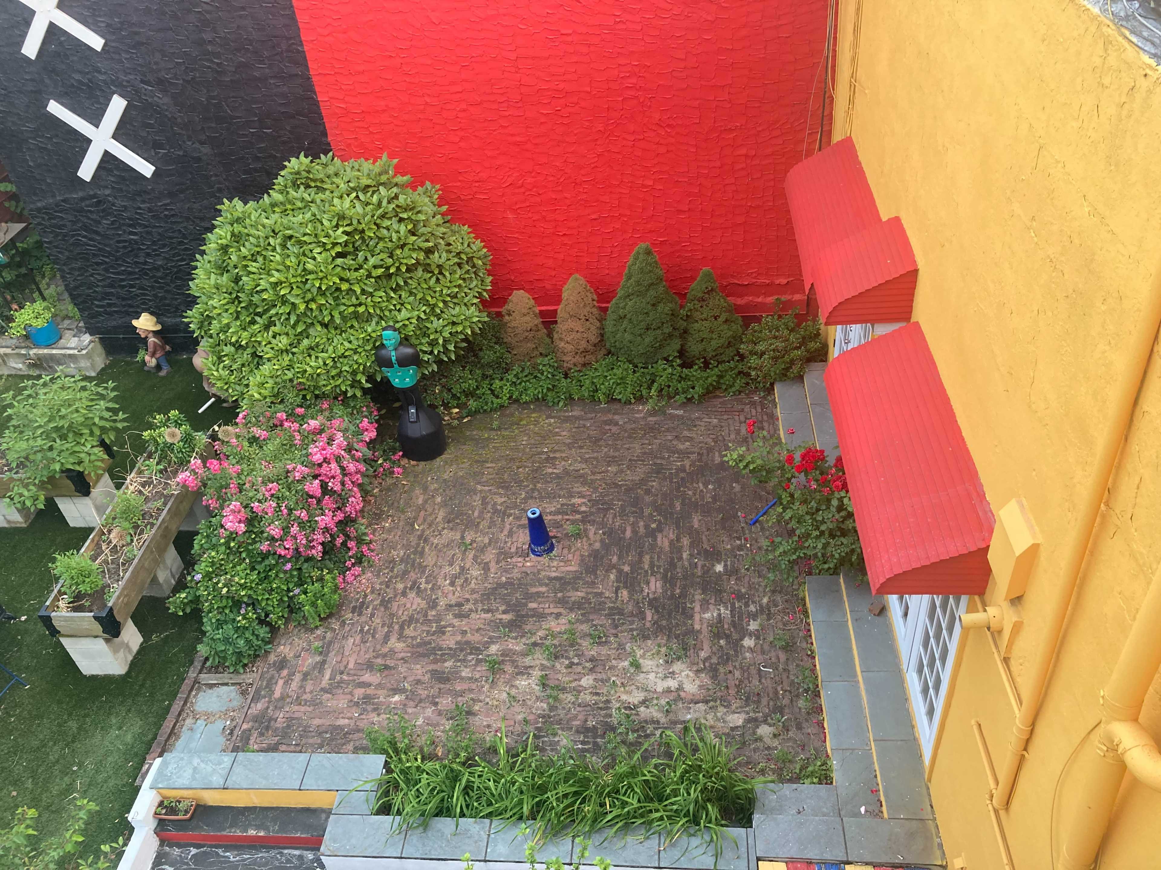 A courtyard with brick paving, bordered by green shrubs and flowering plants, under the backdrop of colorful walls.
