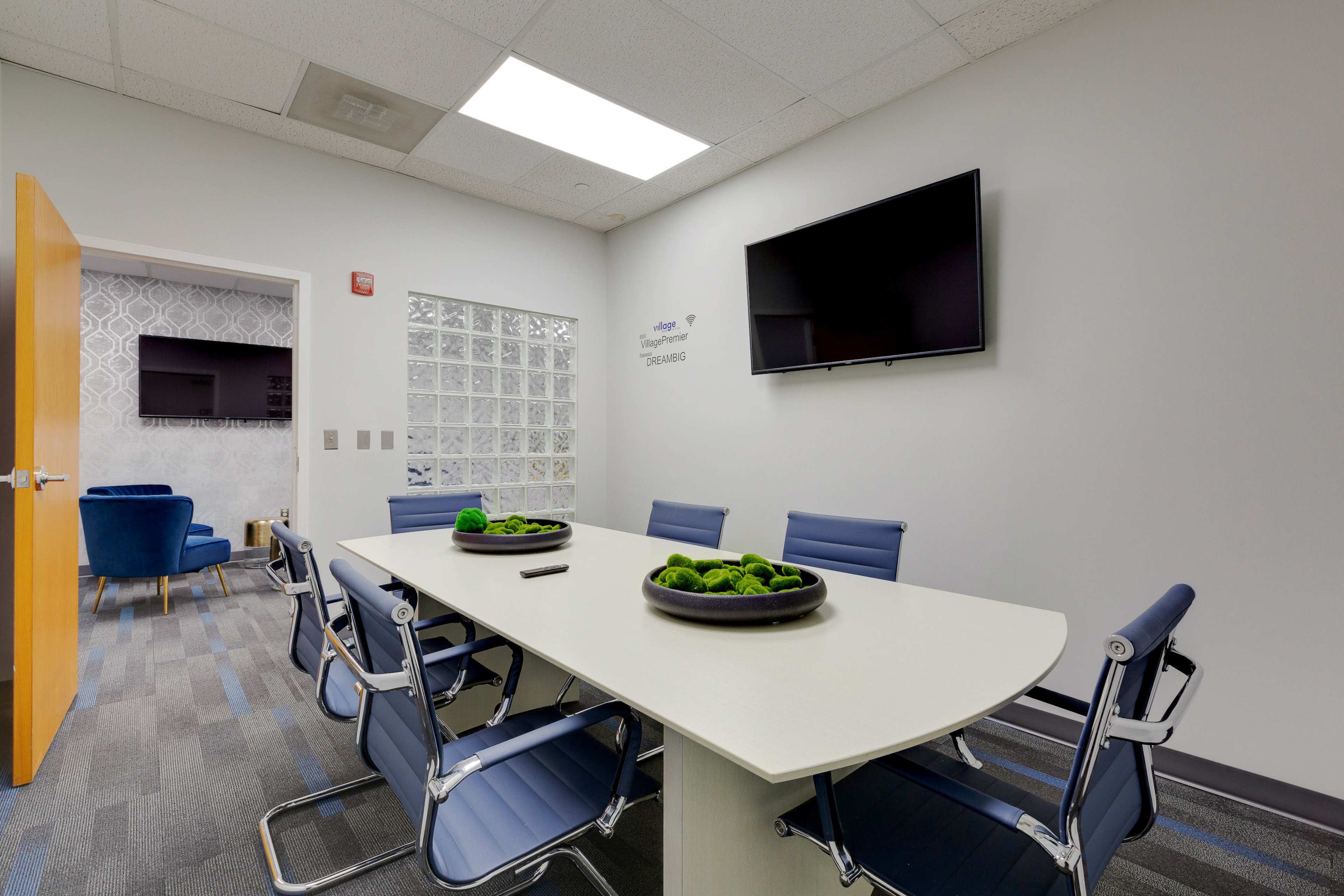 A conference room features a long table with blue chairs, a television mounted on the wall, and decorative plants in the center.