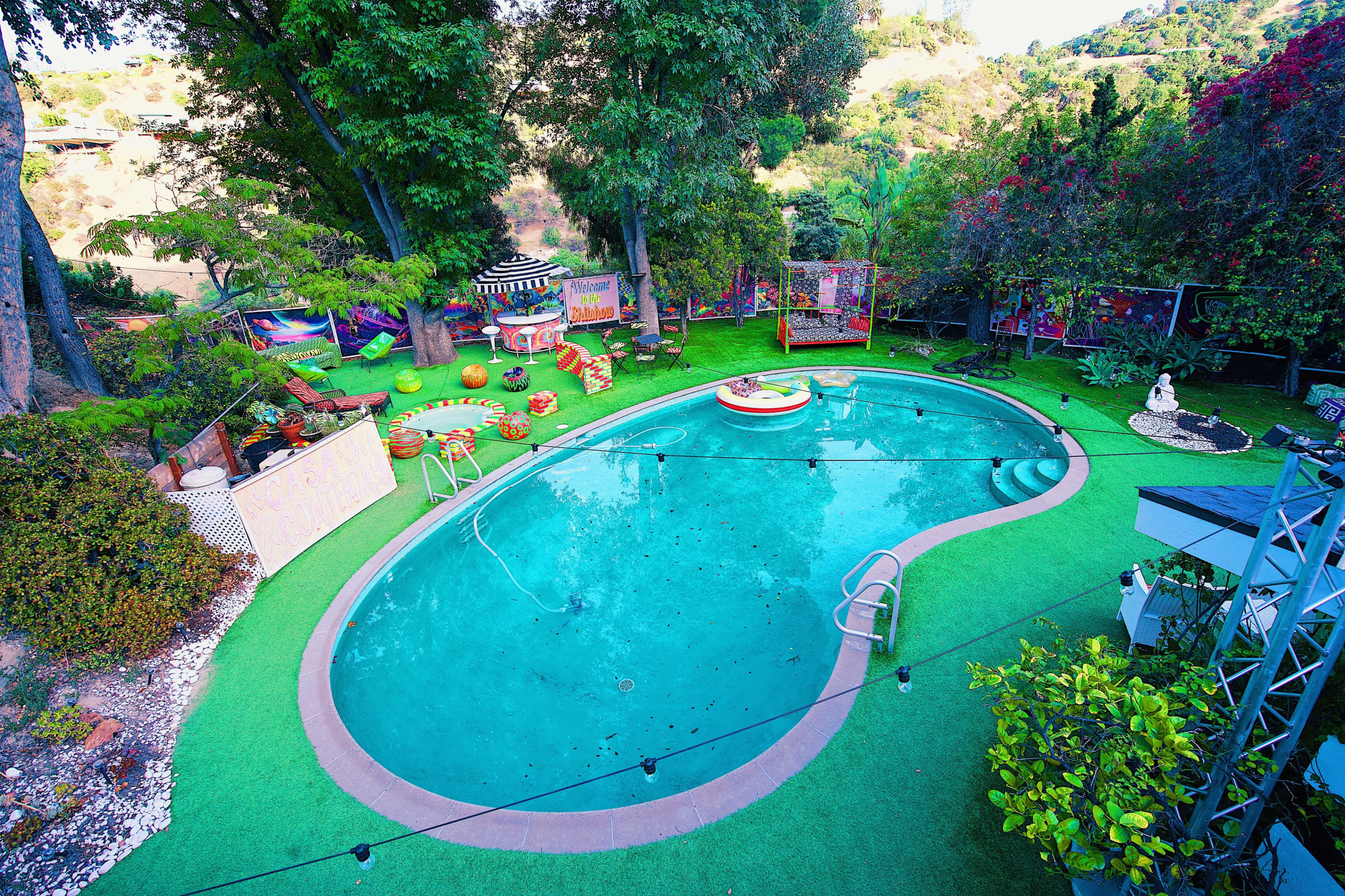 The image shows a curved swimming pool surrounded by greenery and patio furniture in a backyard setting.