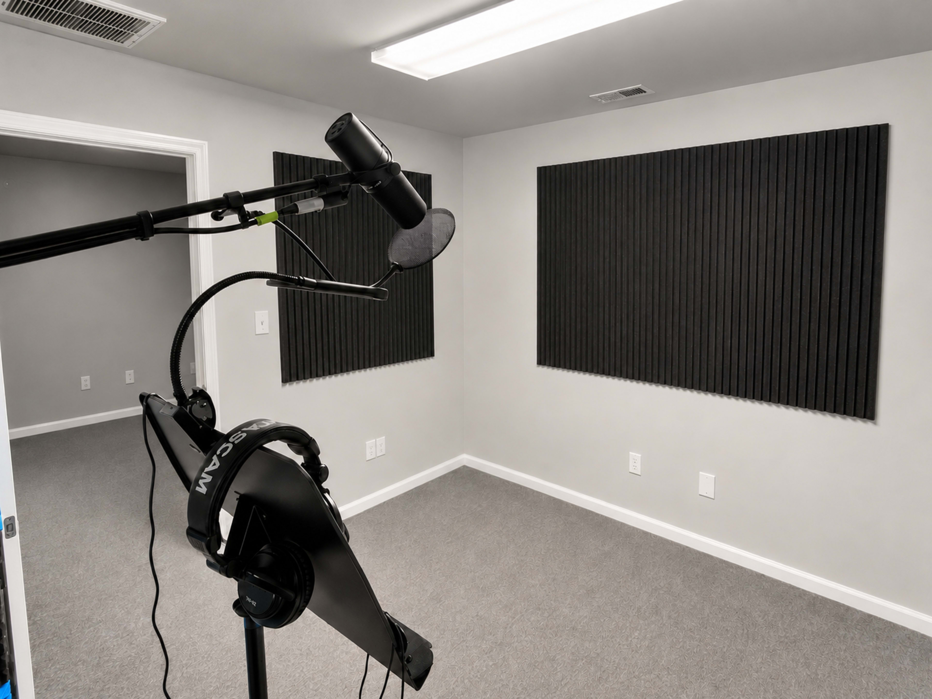 The image shows a soundproof recording studio with sound-absorbing wall panels and a microphone on a stand ready for use.