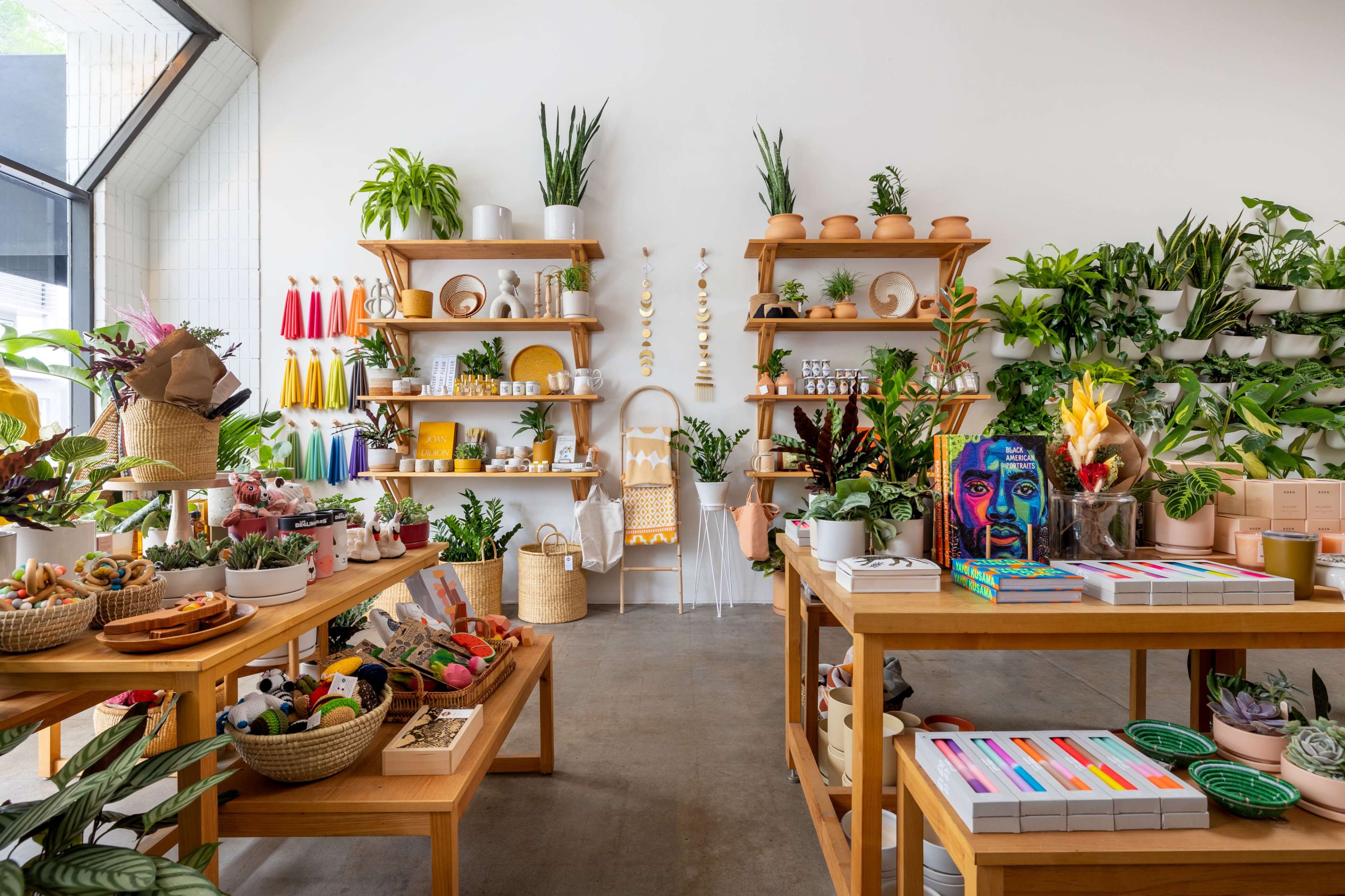The scene features a bright store interior filled with plants and various decorative items displayed on wooden shelves and tables.