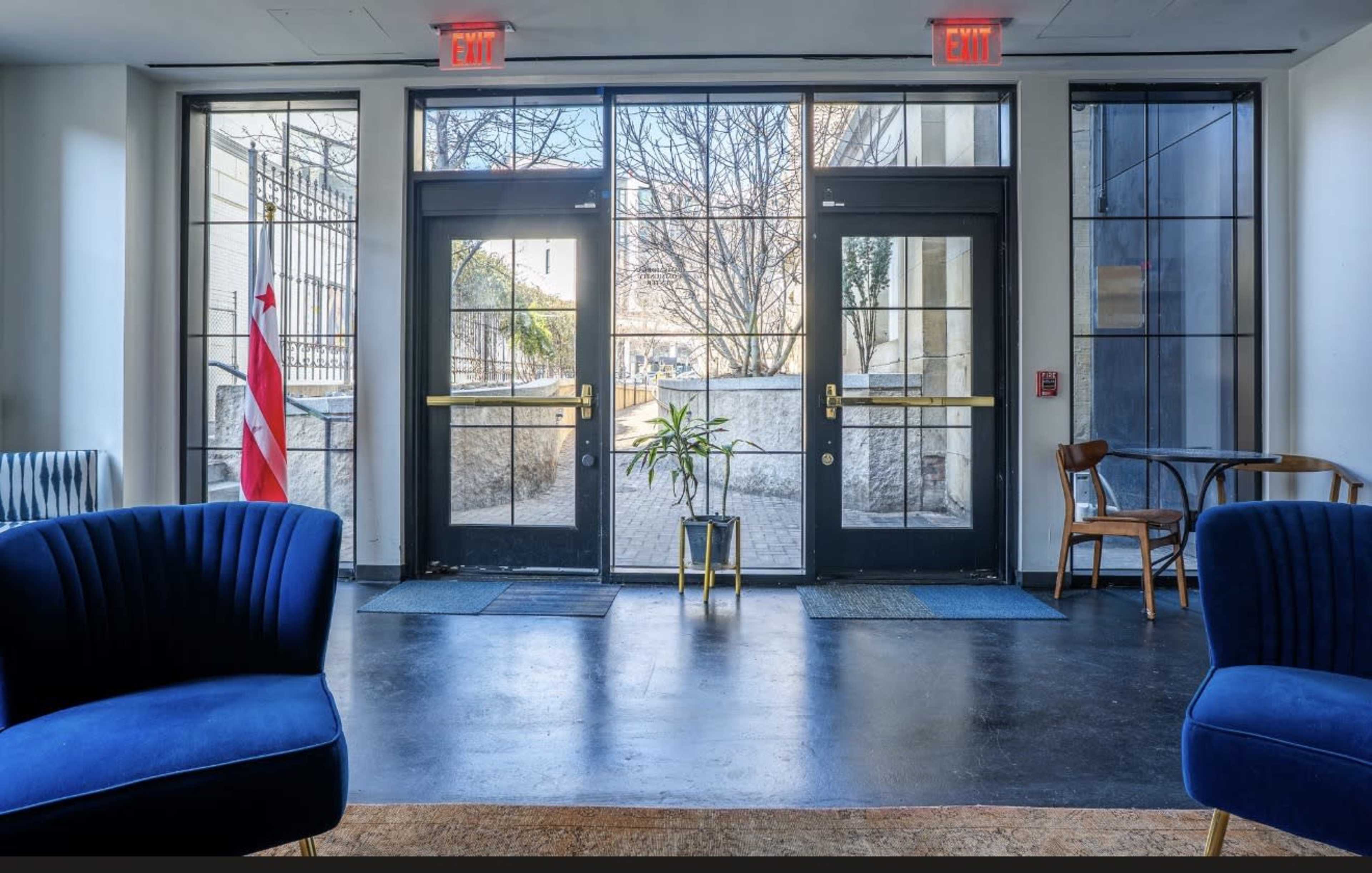 The image shows a modern entryway with glass doors, a small potted plant in the center, and a view of an outdoor area beyond.