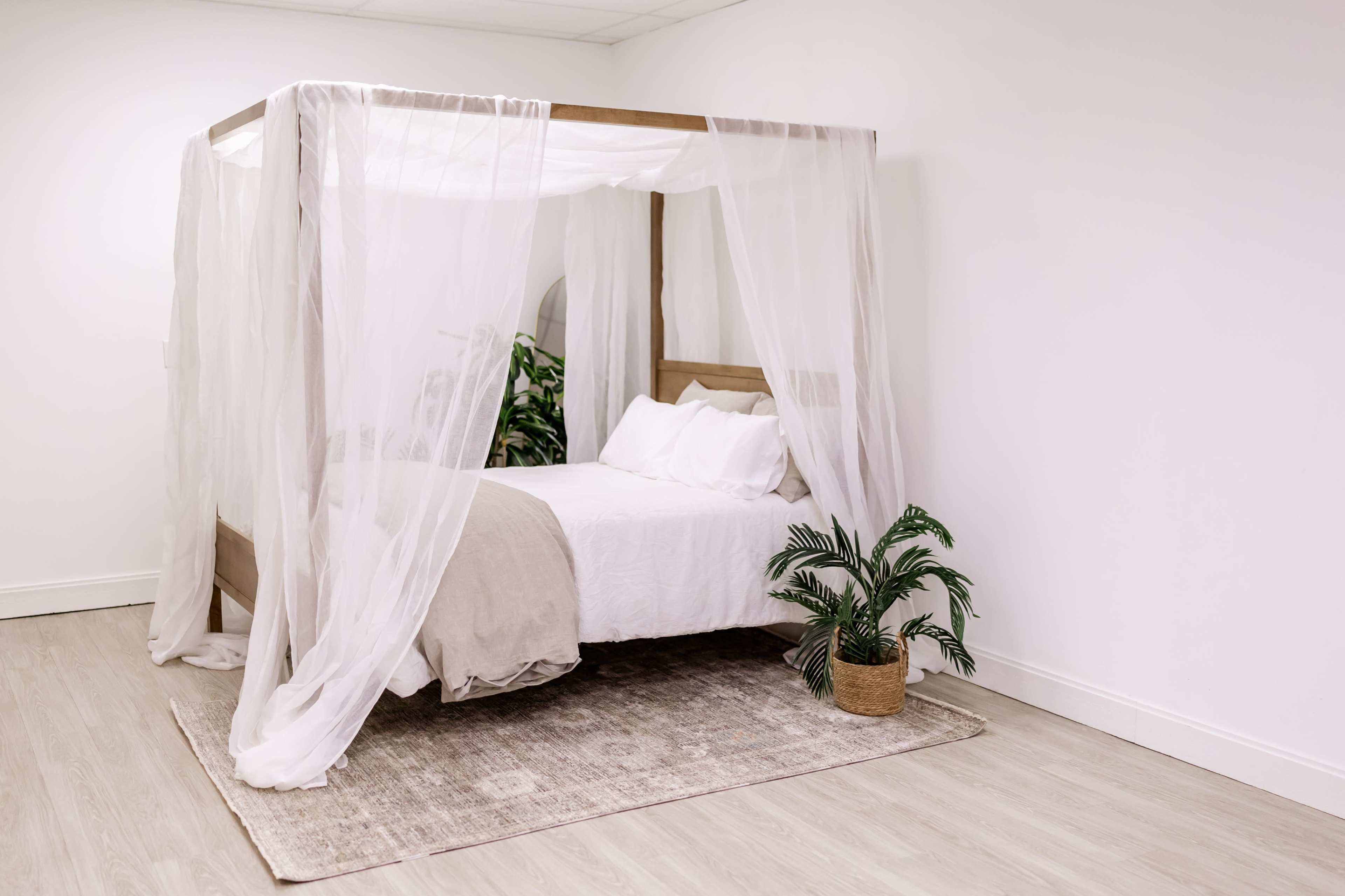 A wooden four-poster bed with sheer drapes is positioned on a light hardwood floor, accompanied by a potted plant and a textured rug.