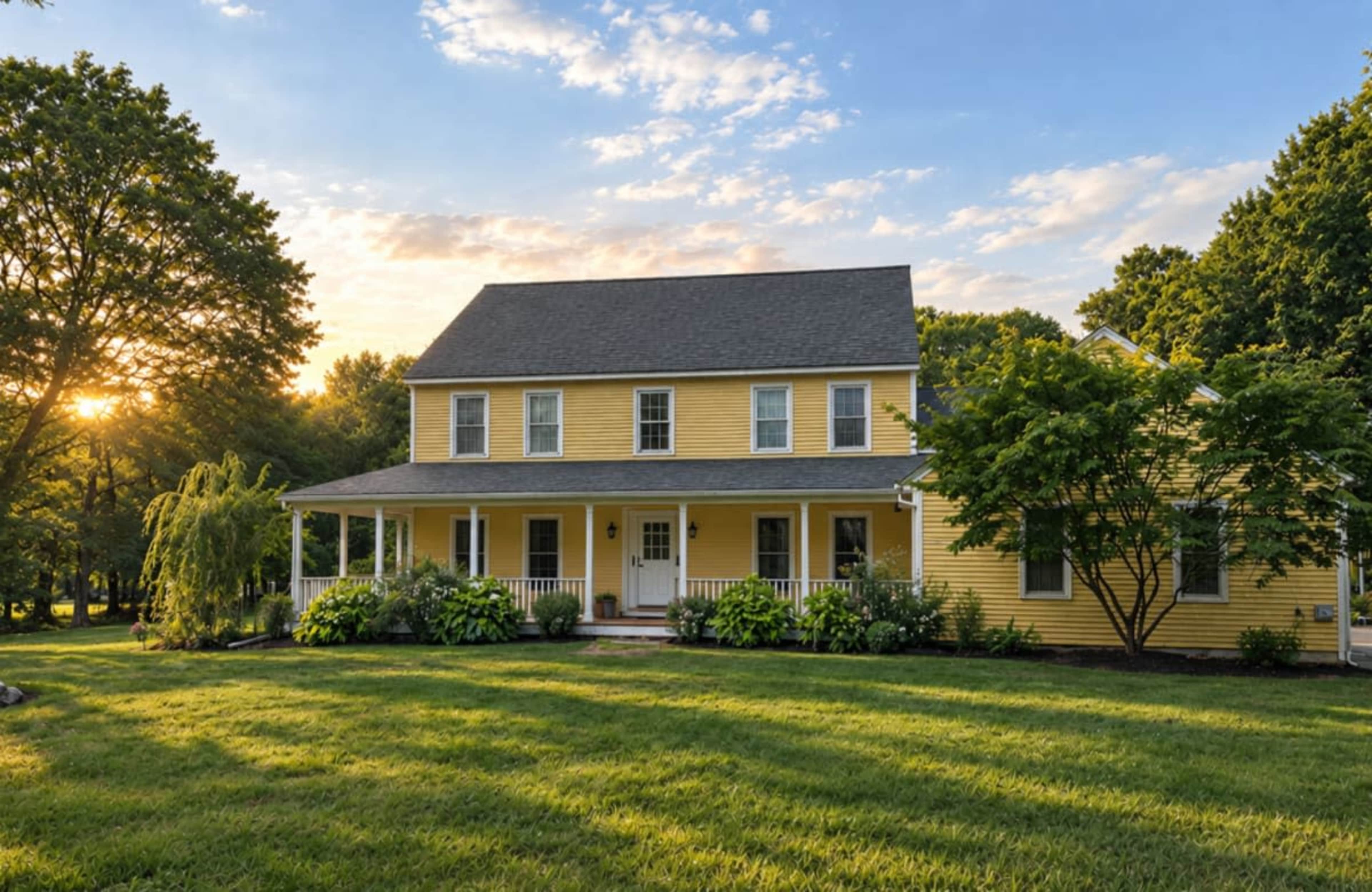 A two-story yellow house with a front porch is situated on a grassy lawn, surrounded by trees under a partly cloudy sky.