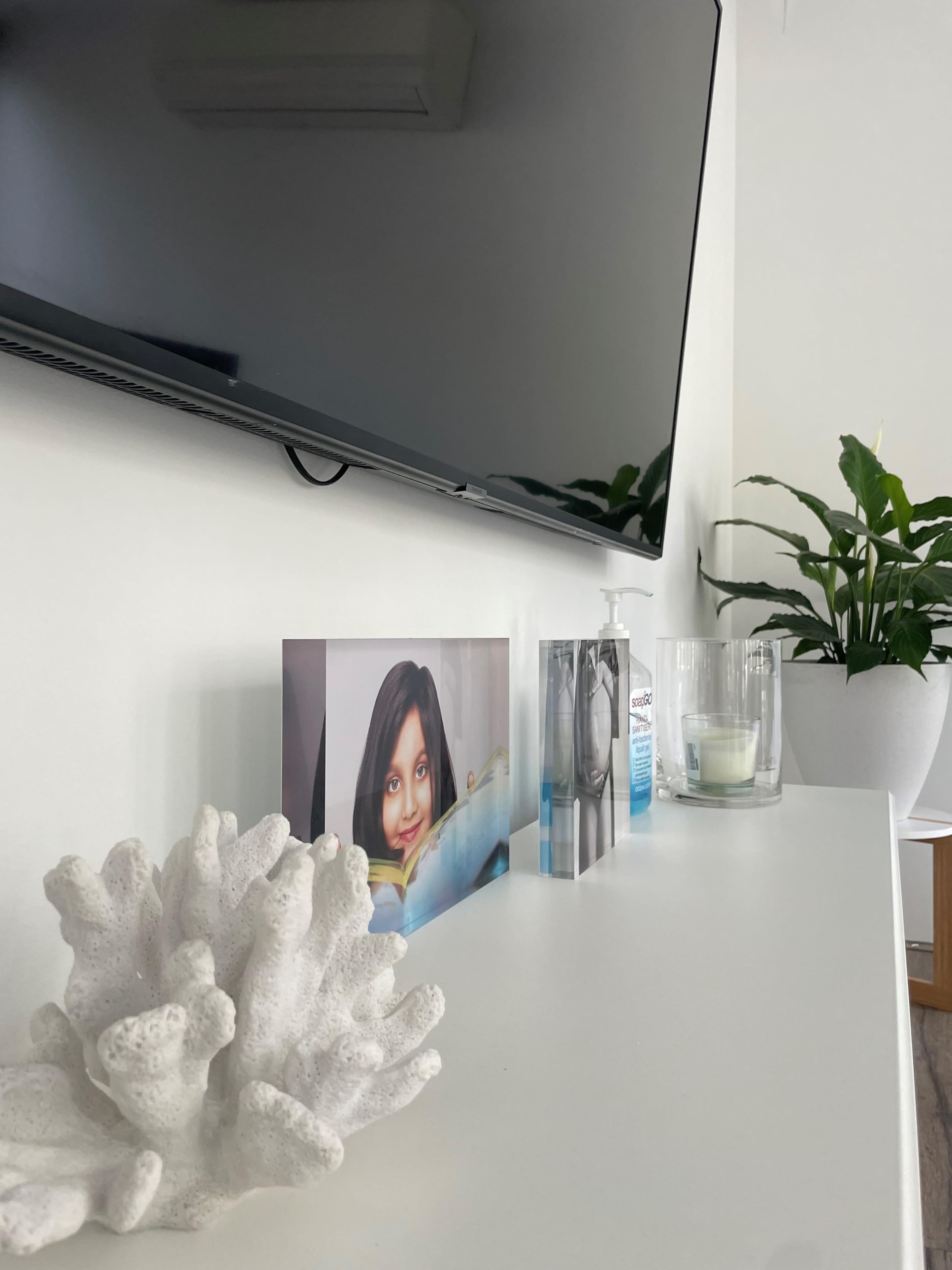 A television is mounted on the wall above a white shelf that holds a photo, a decorative coral piece, a hand sanitizer, and a potted plant.
