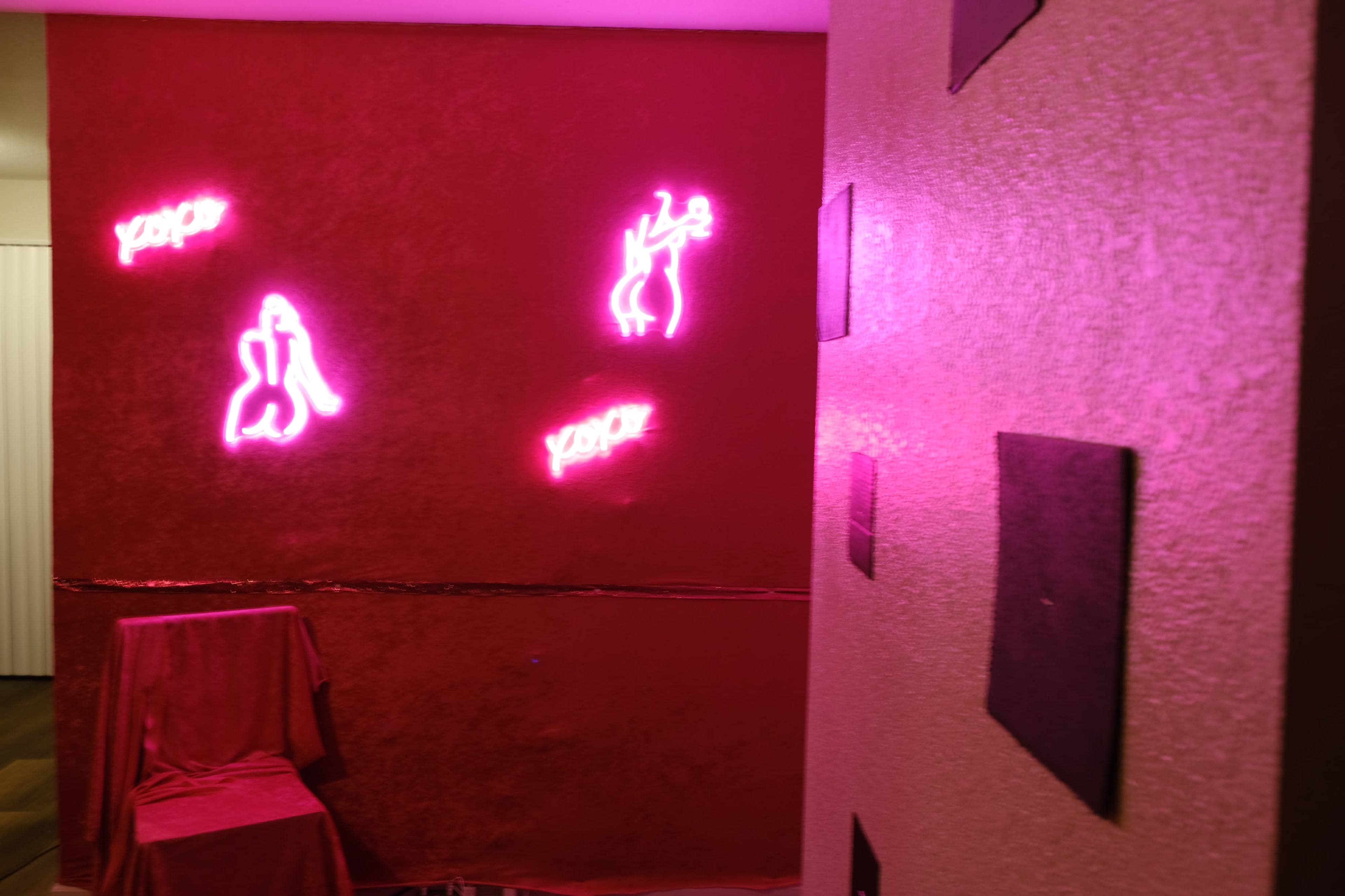 A room with red walls featuring pink neon signs illuminated against the surface.