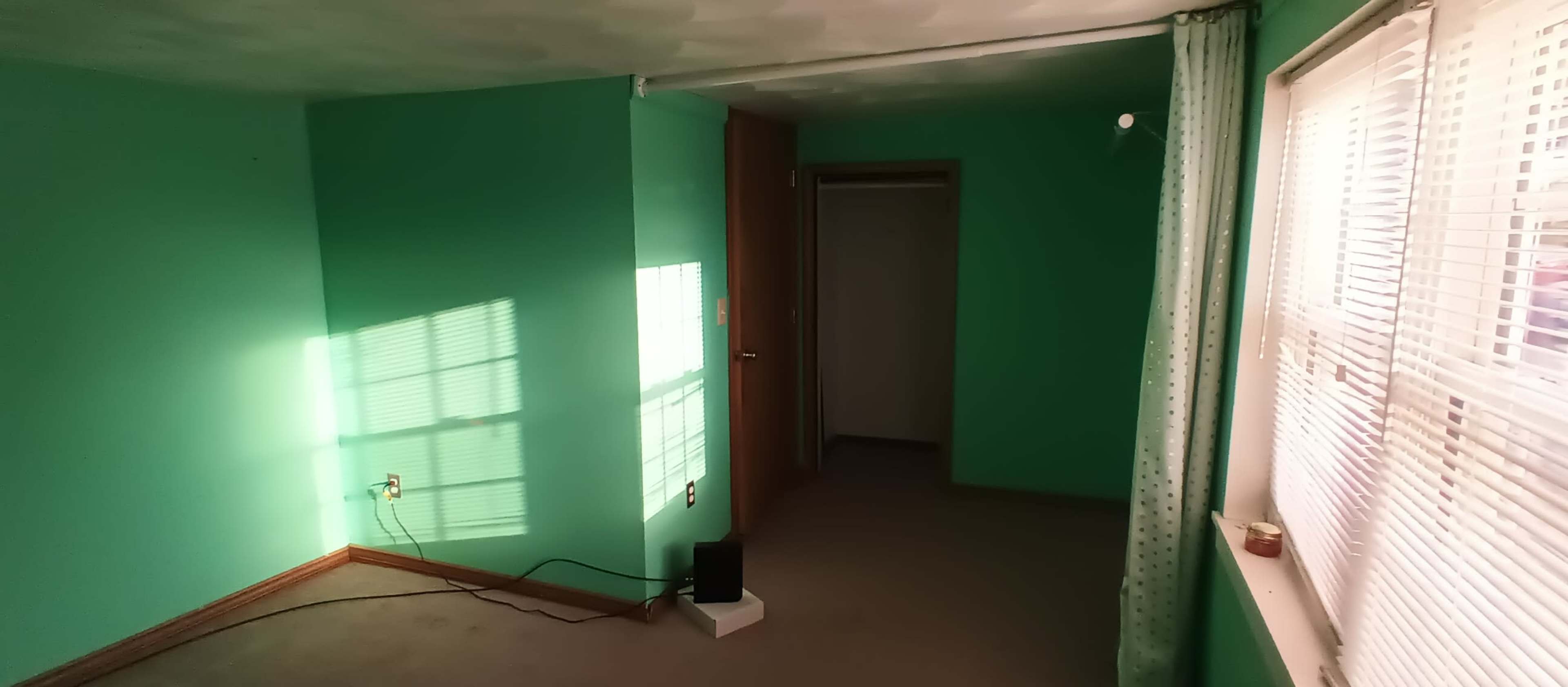 A room with teal walls features a window casting shadows on the floor and a closed door leading to a closet.