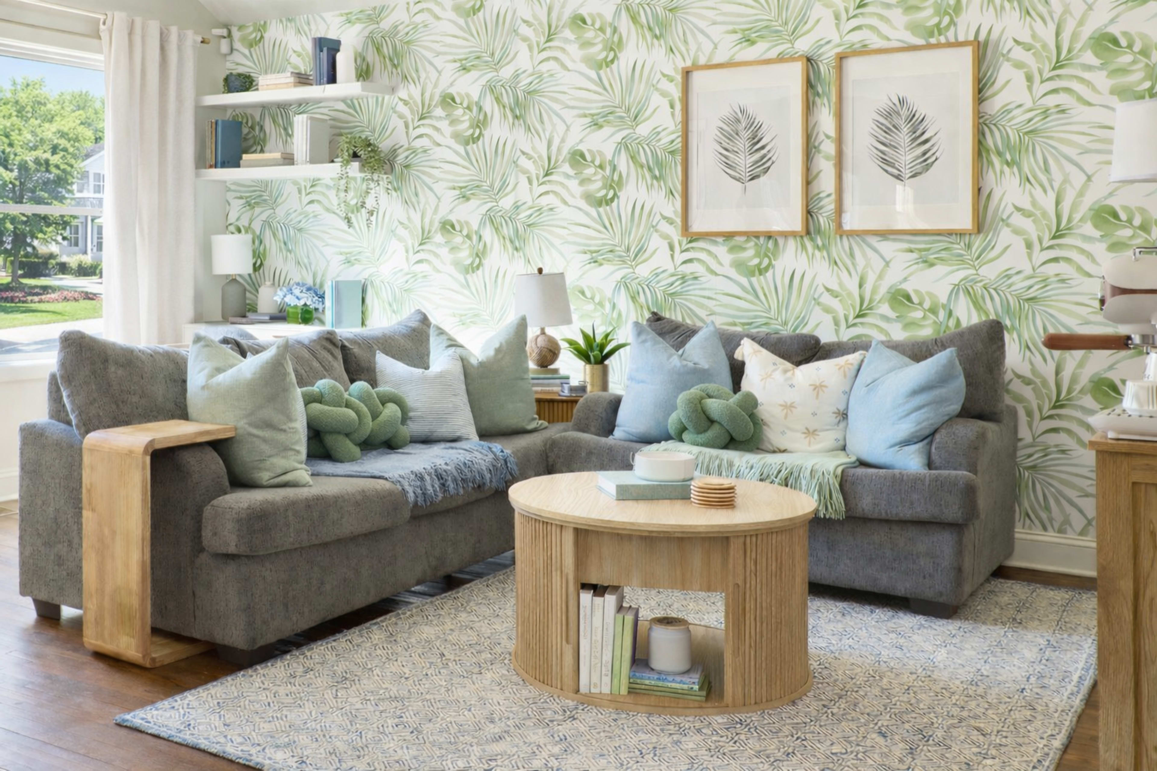 The image shows a living room decorated with green leaf-patterned wallpaper, featuring two gray sofas adorned with blue and green cushions, and a round wooden coffee table in the center.