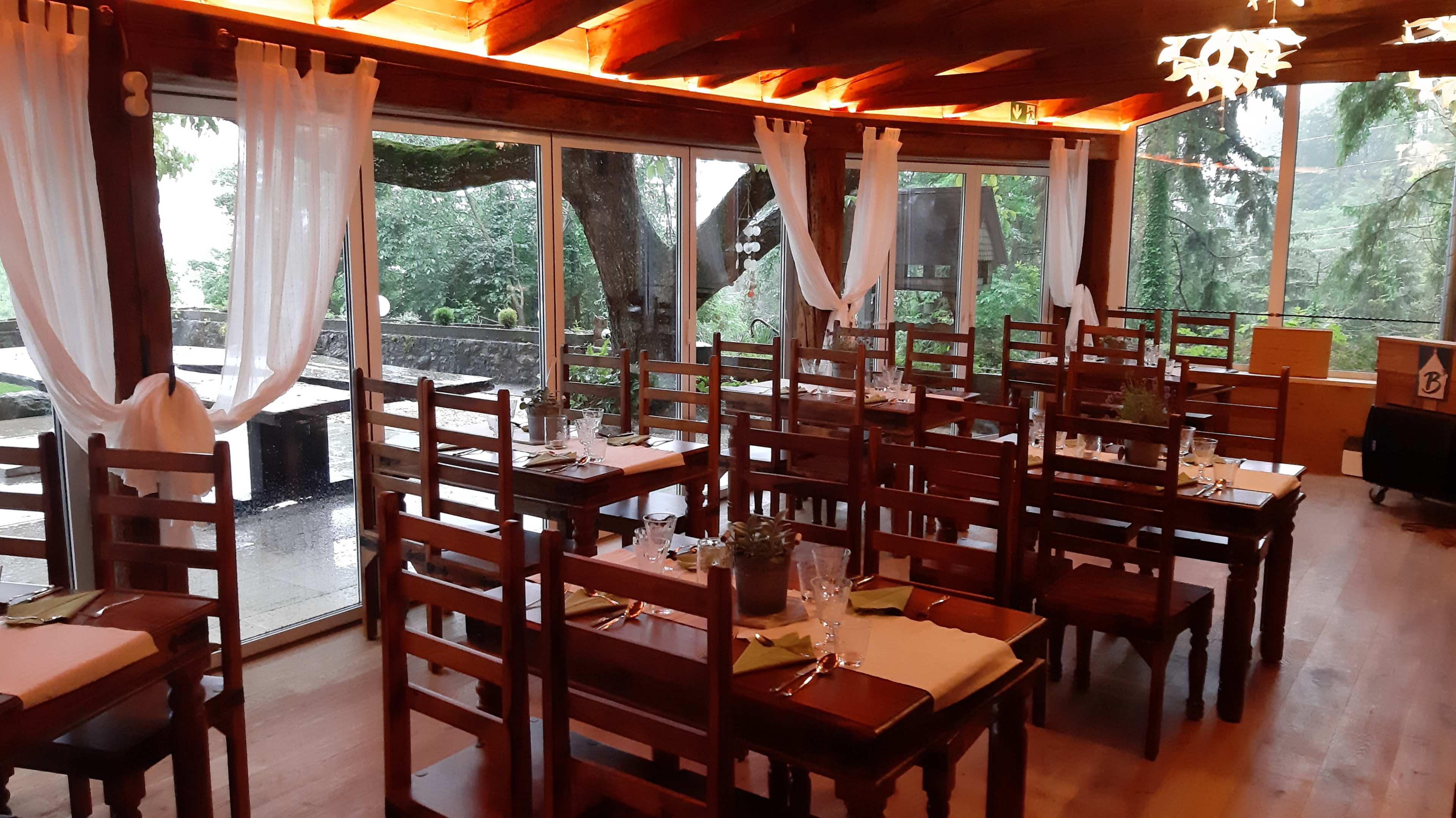 The image shows a cozy restaurant interior with wooden tables and chairs, large windows providing views of the outdoors, and natural light filtering in.