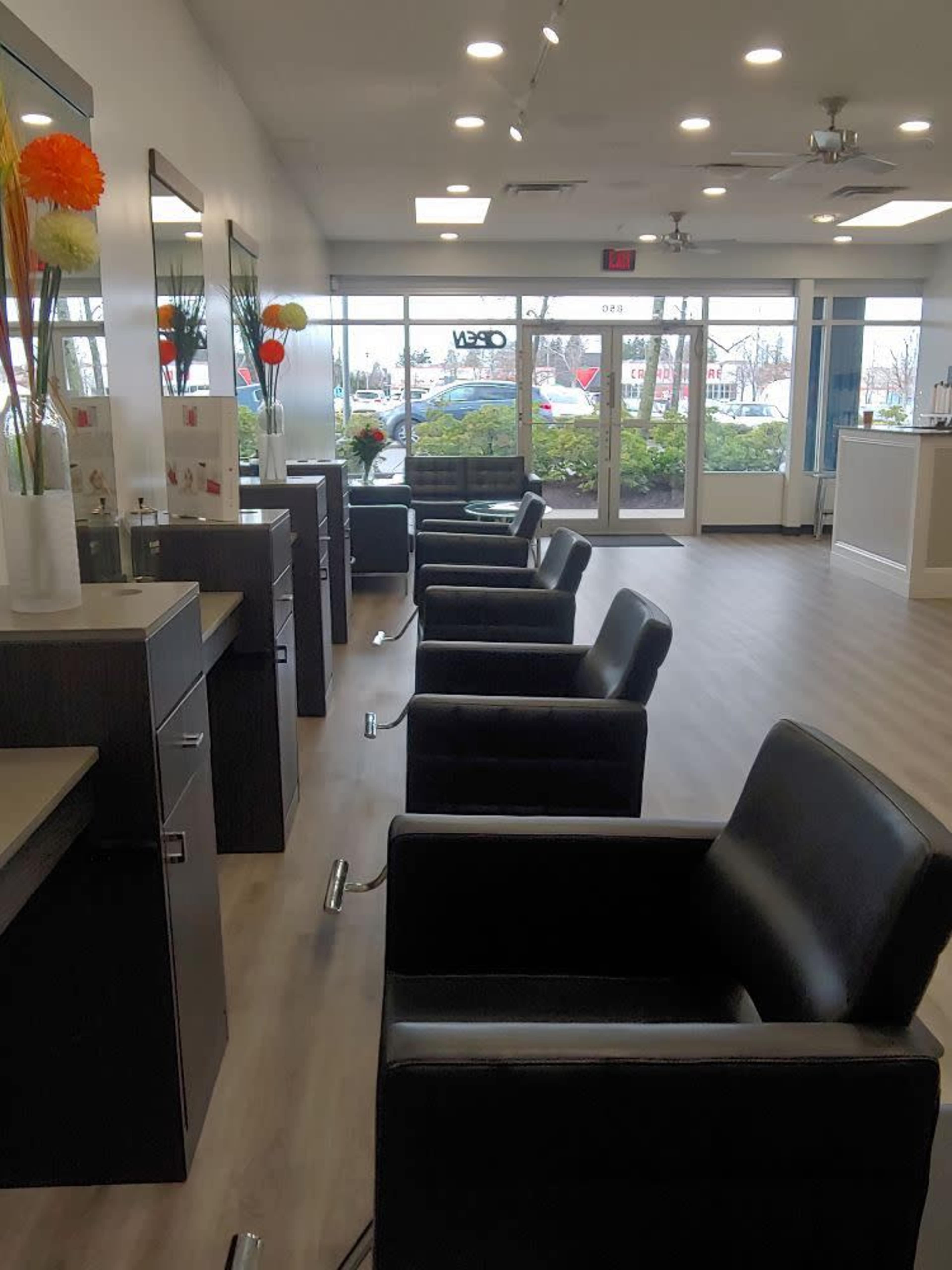 The image shows a modern salon interior with several black salon chairs arranged in a row, alongside sleek cabinets, and large windows letting in natural light.