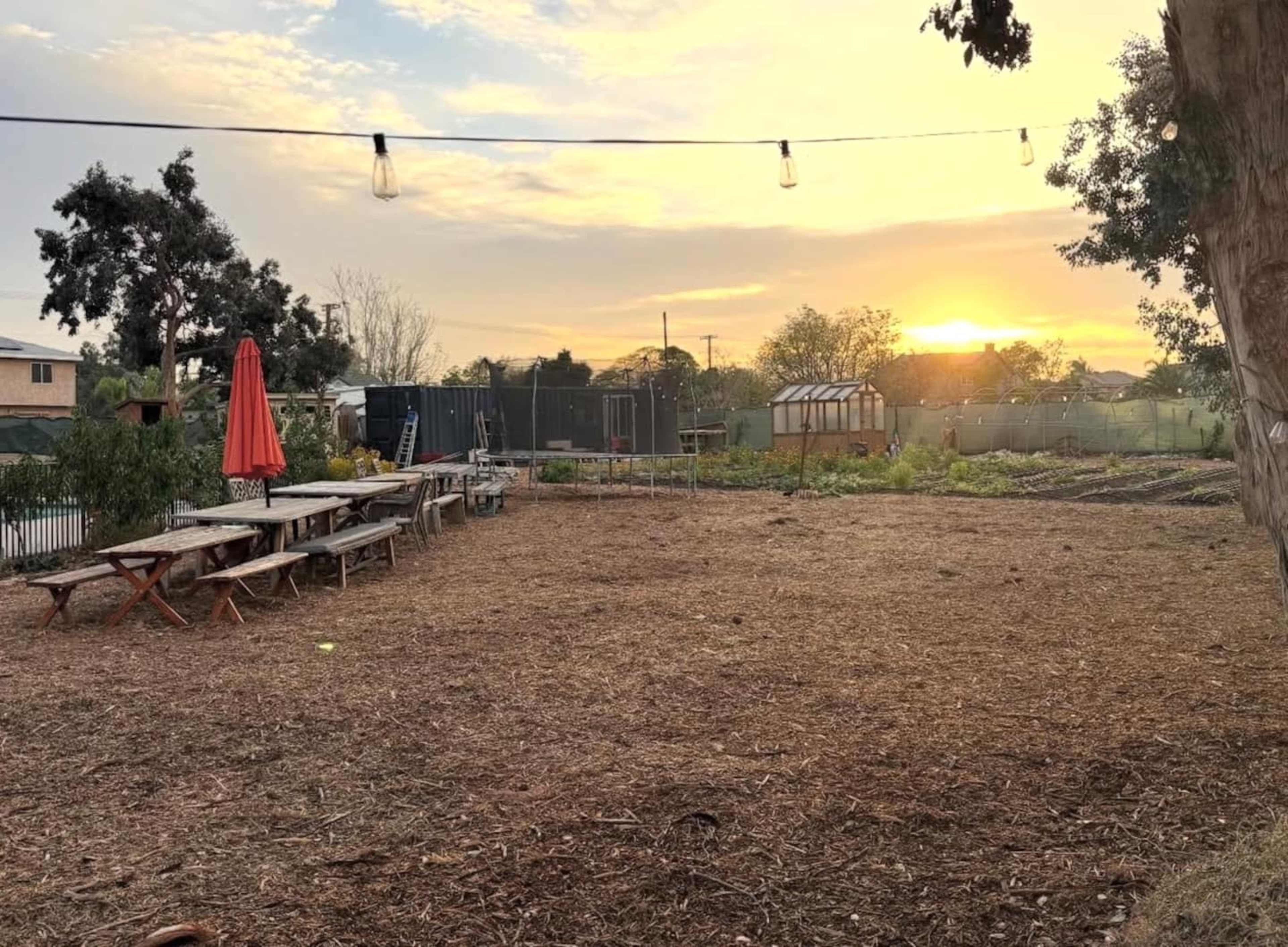 The scene shows a garden area with wooden tables and an umbrella, illuminated by string lights, against a backdrop of a setting sun.