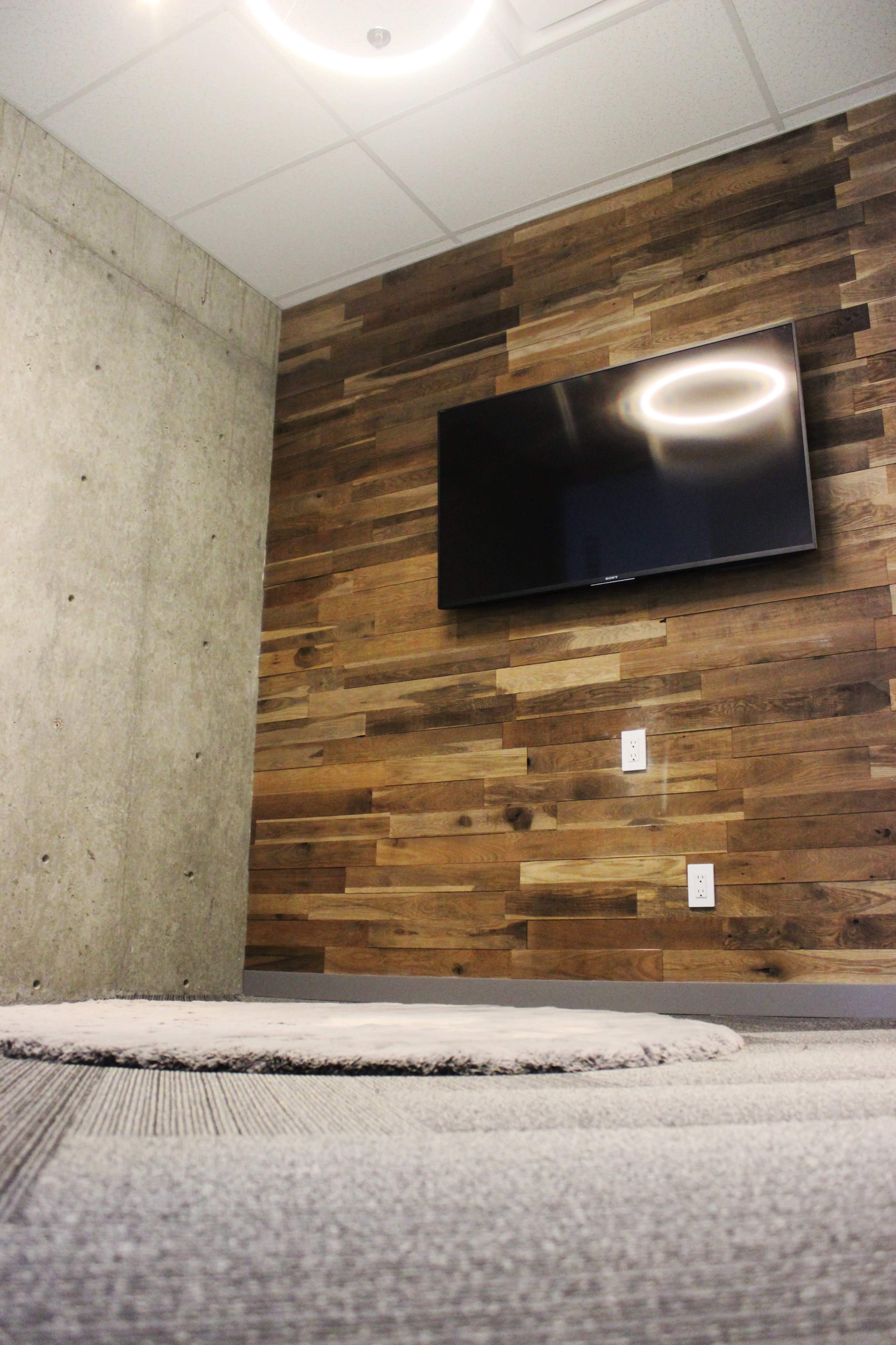 A modern room featuring a wooden accent wall, a flat-screen TV mounted on it, and a plush circular rug on the floor.