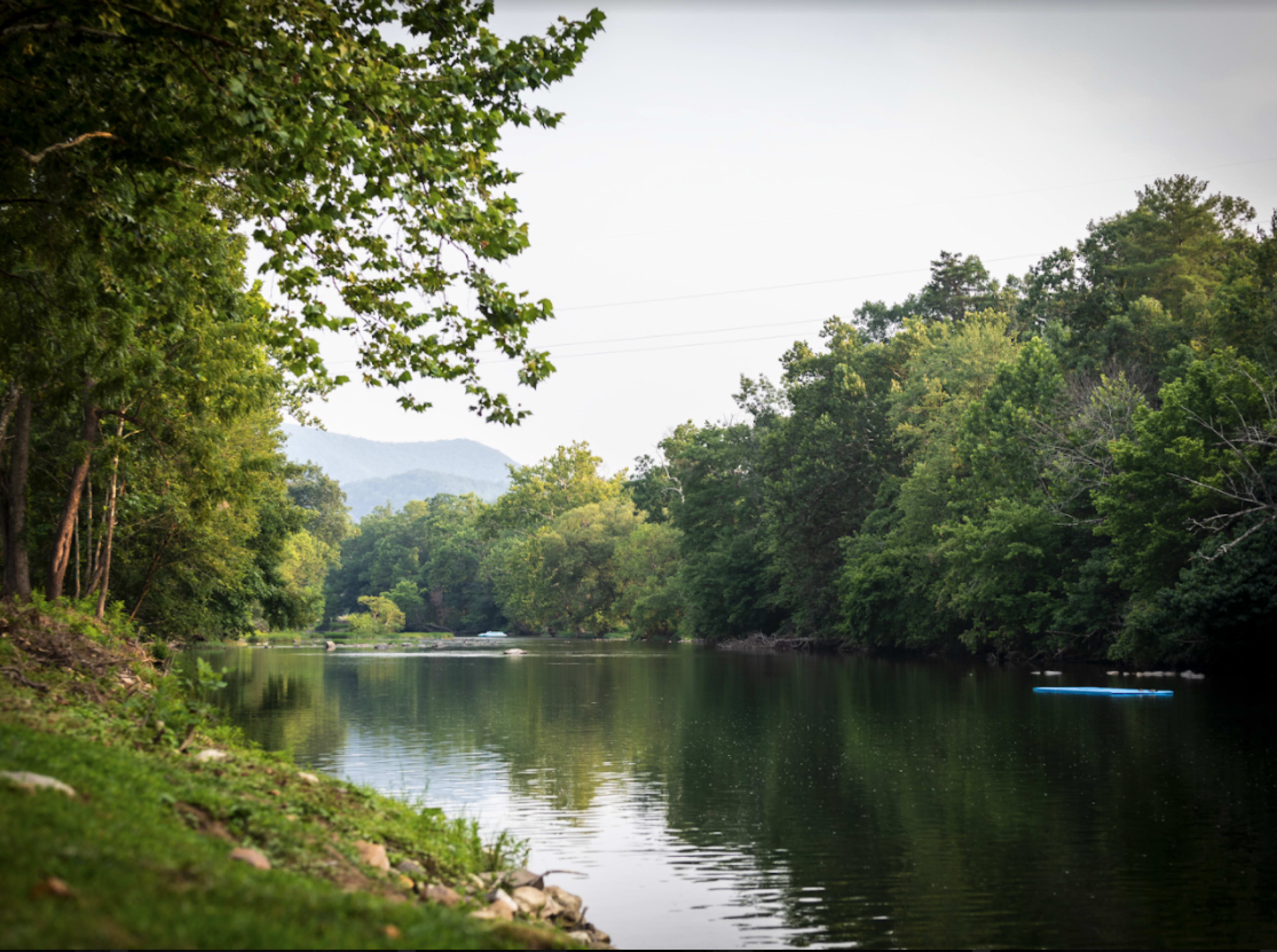 A calm river bordered by lush greenery and distant mountains under a clear sky.