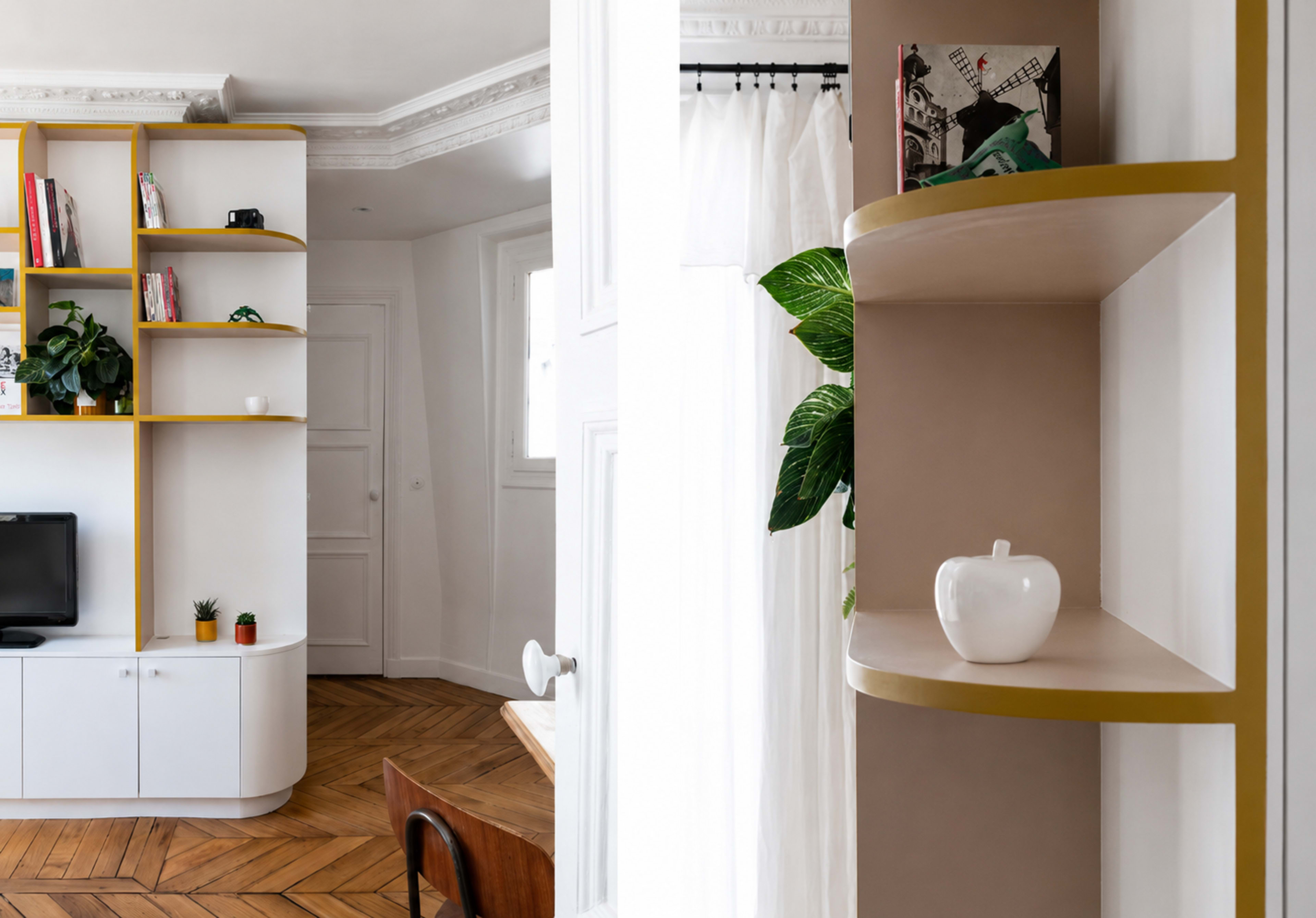 The image shows a modern living space featuring a minimalist bookshelf with plants, a television, and a light-colored wall with a decorative item on a shelf.