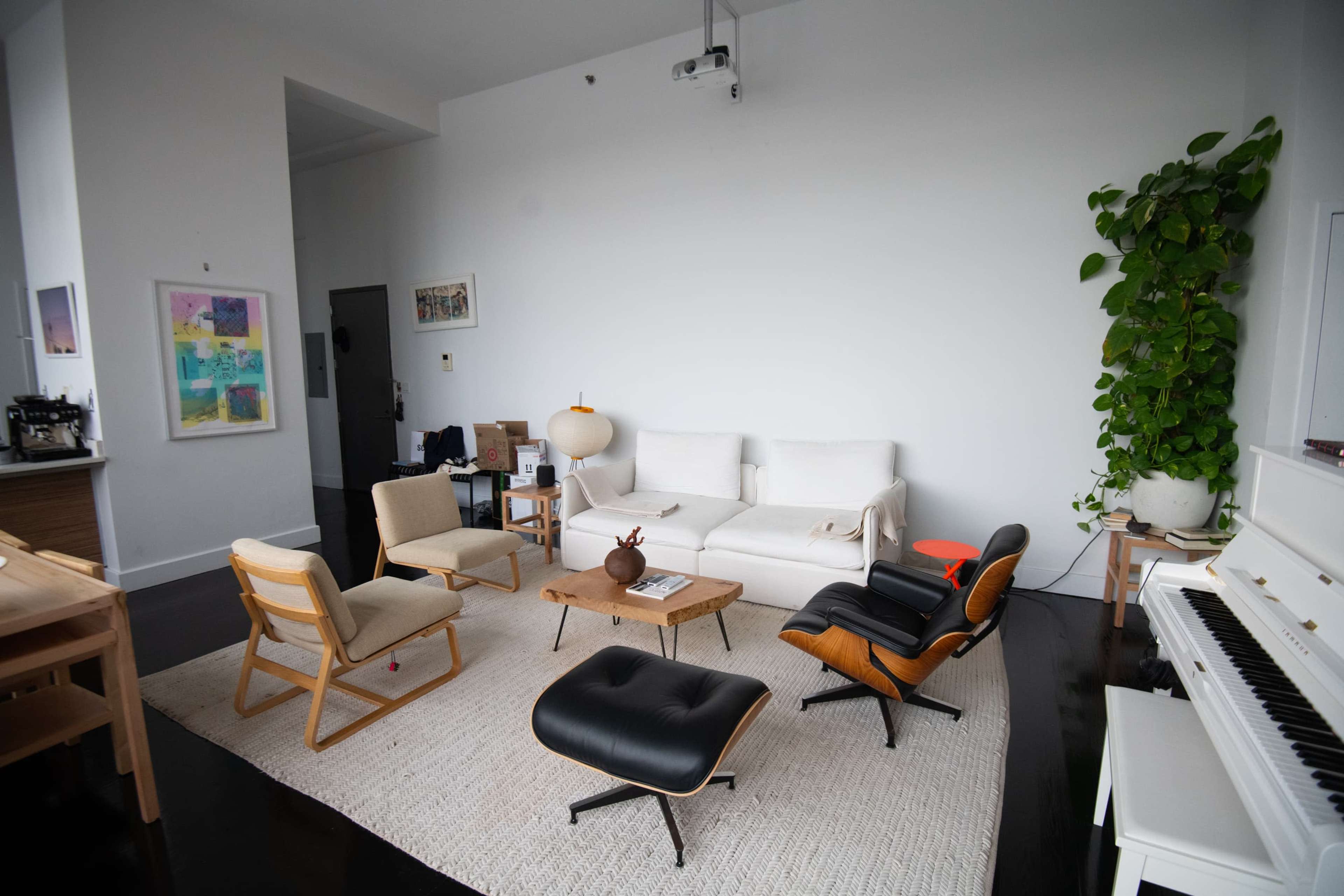 A modern living room with a white sofa, a wooden coffee table, several chairs, and a large potted plant against a light wall.