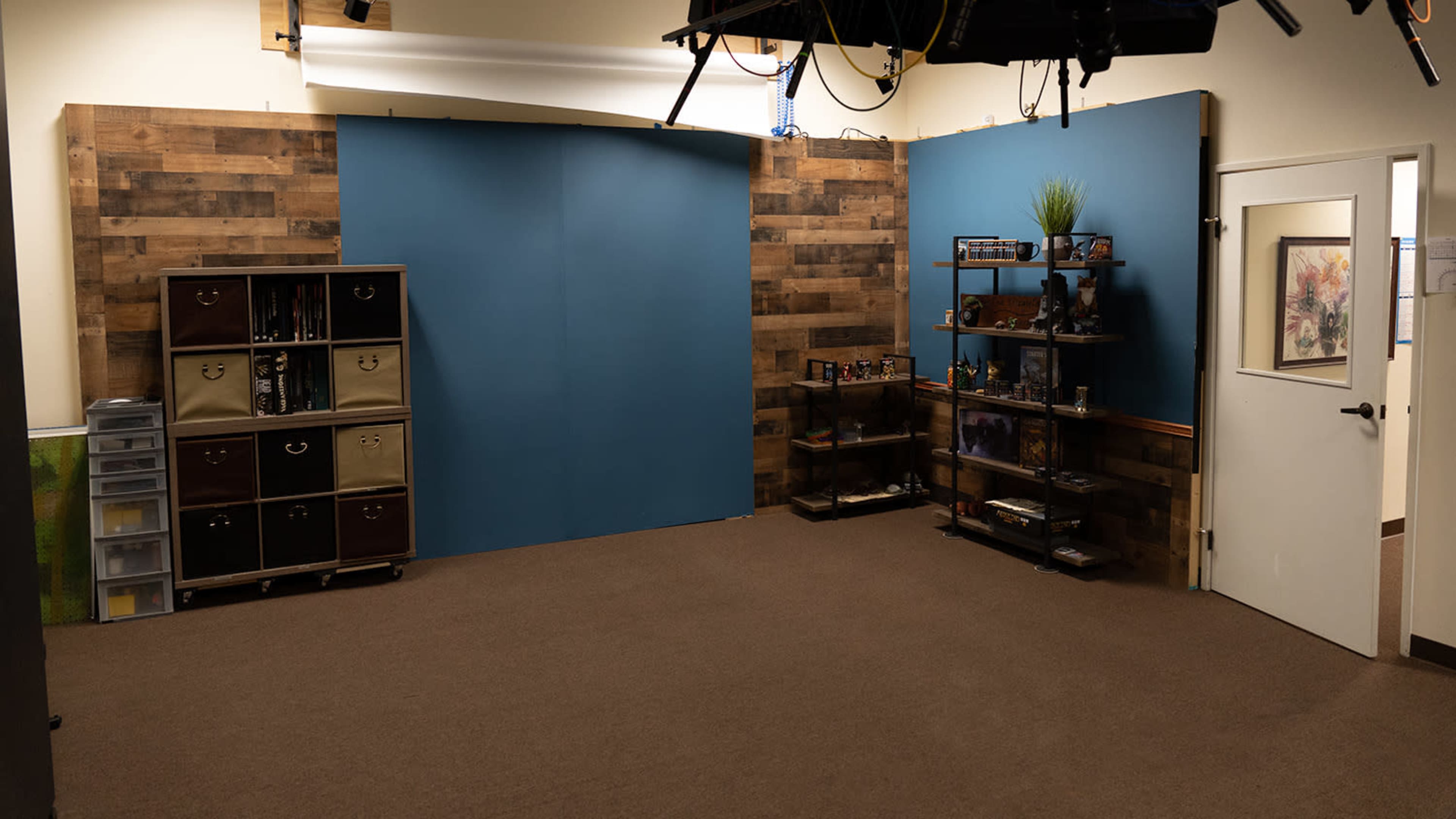 A room with blue walls, a brown carpet, shelving units, and a door, creating a simple, organized space.