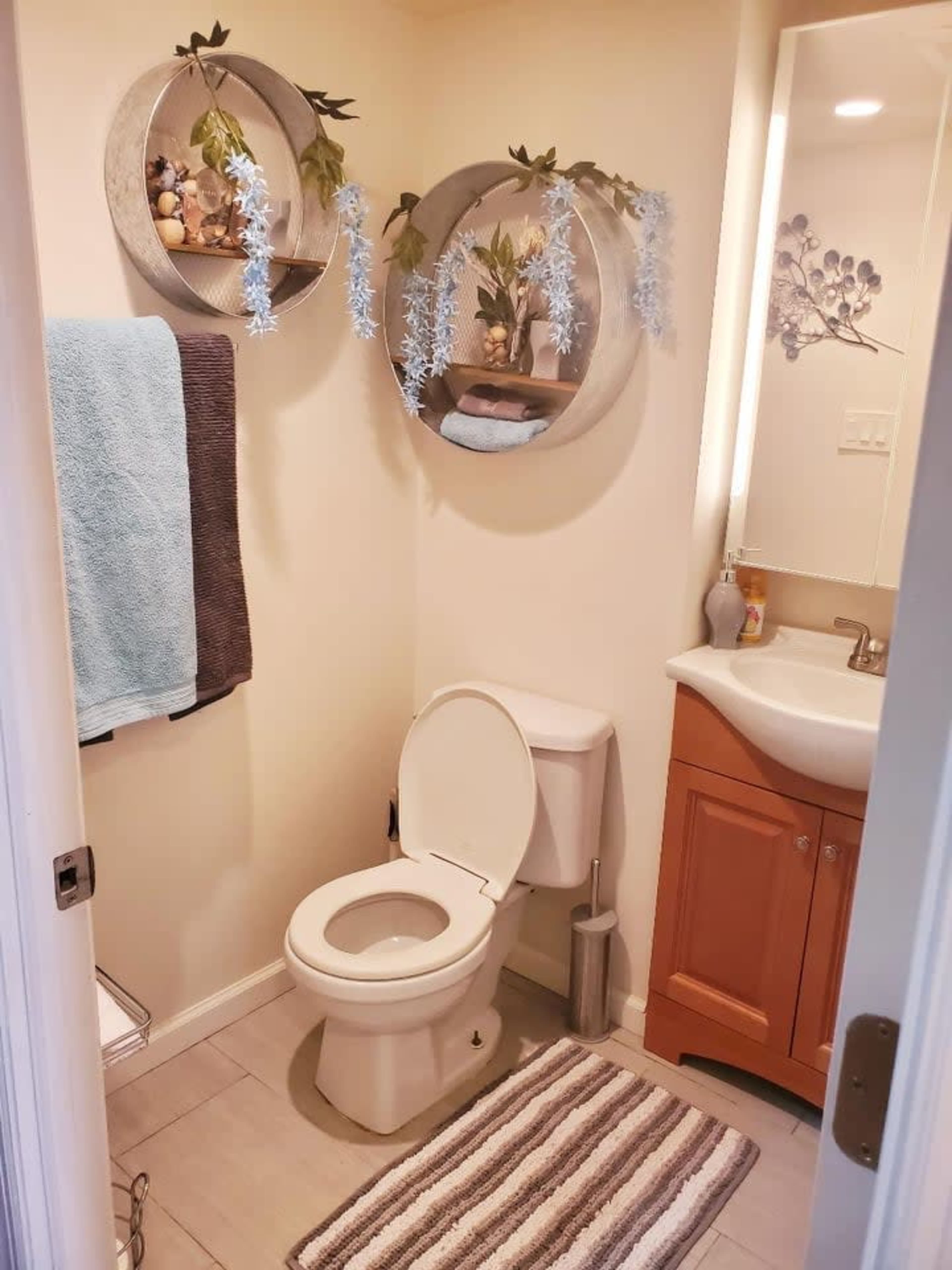 A small bathroom featuring a toilet, a sink with a cabinet, and circular shelves with decor mounted on the wall.
