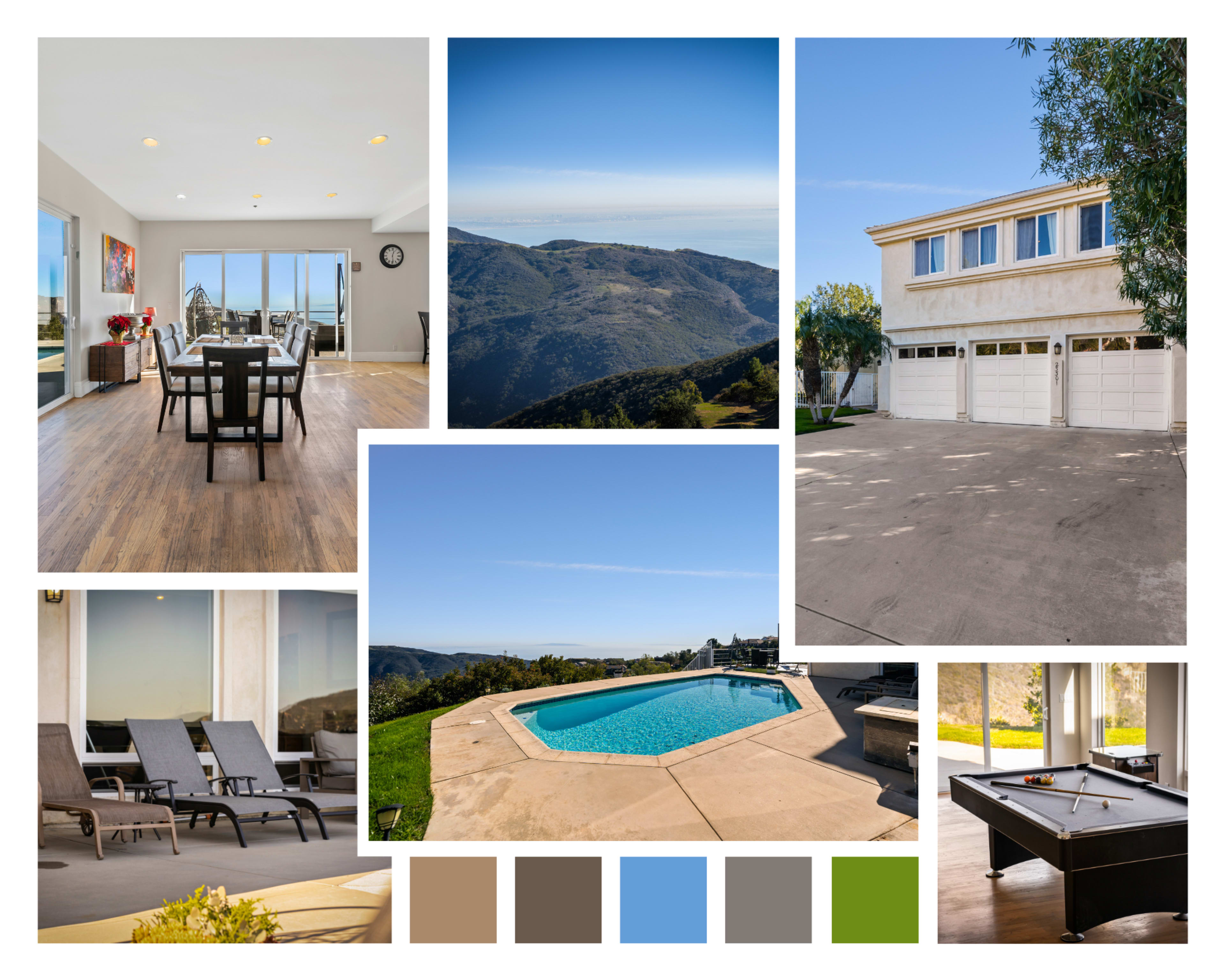 The collage features a modern home interior with a dining area, a scenic mountain view, an exterior shot of a house with a three-car garage, a swimming pool, and a game table setup.