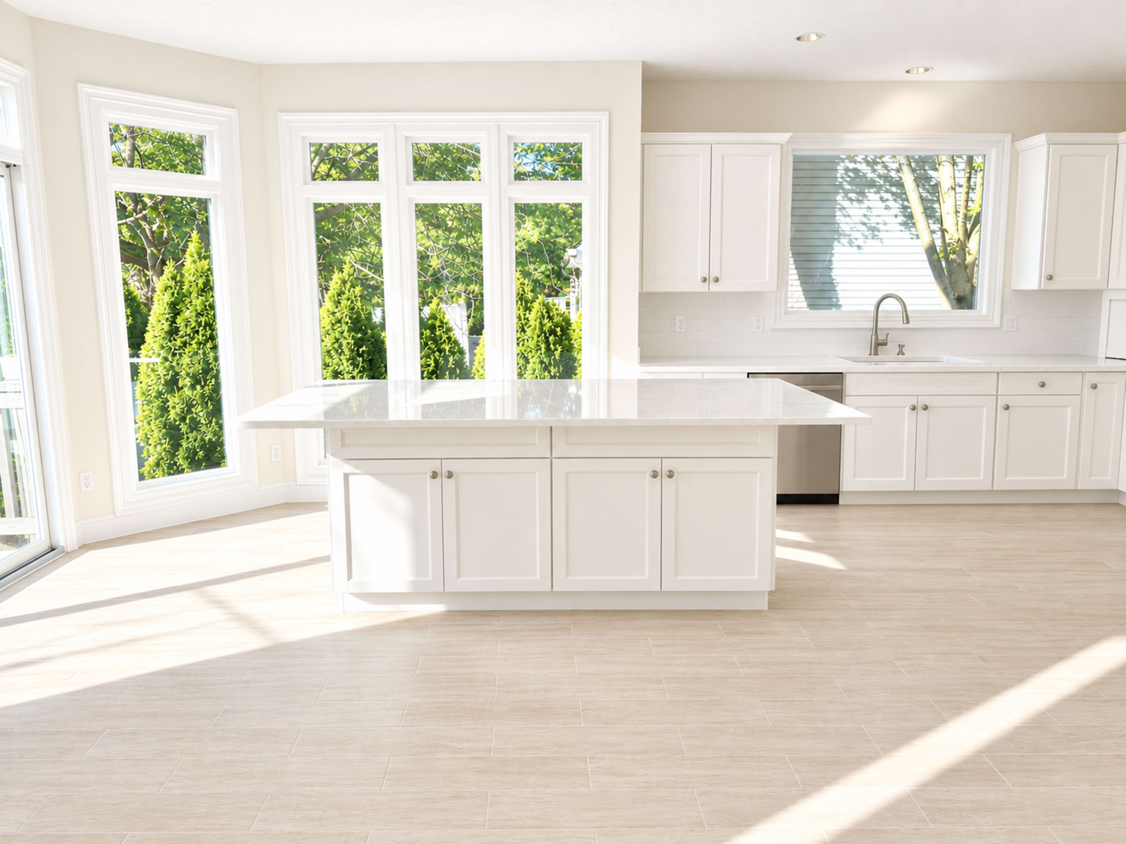 The image shows a modern kitchen with white cabinetry, a central island, and large windows that provide natural light and a view of green trees outside.