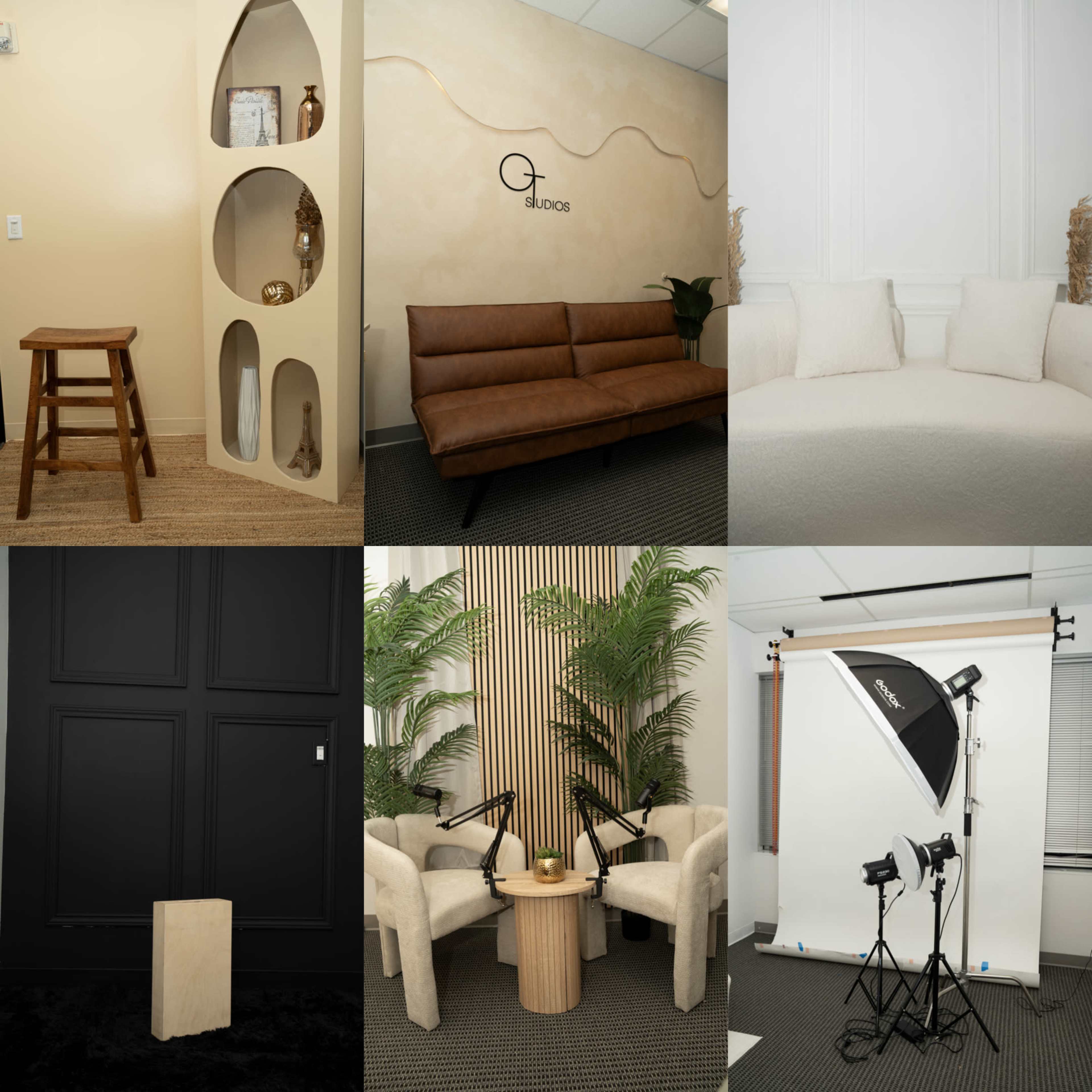 The image features a collage of various interior spaces, including a cozy seating area, decorative wall features, a photography setup, and plants in a modern setting.