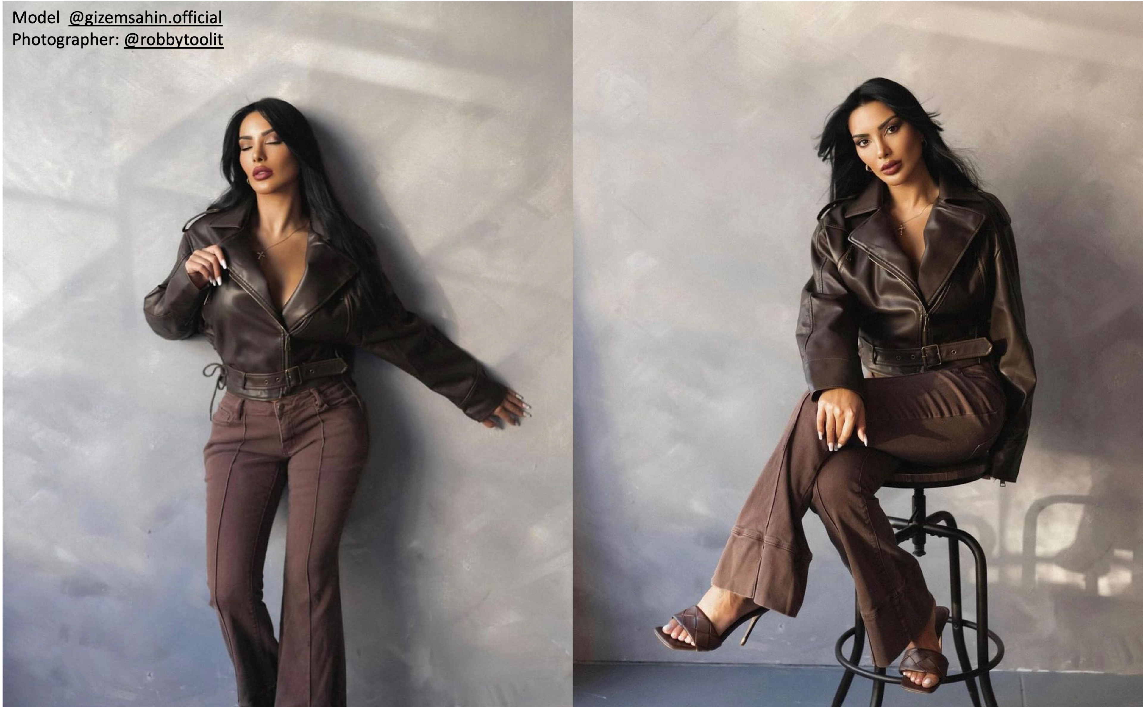 A model poses in a brown leather jacket and matching pants, standing against a neutral backdrop on one side and seated on a stool in the other.