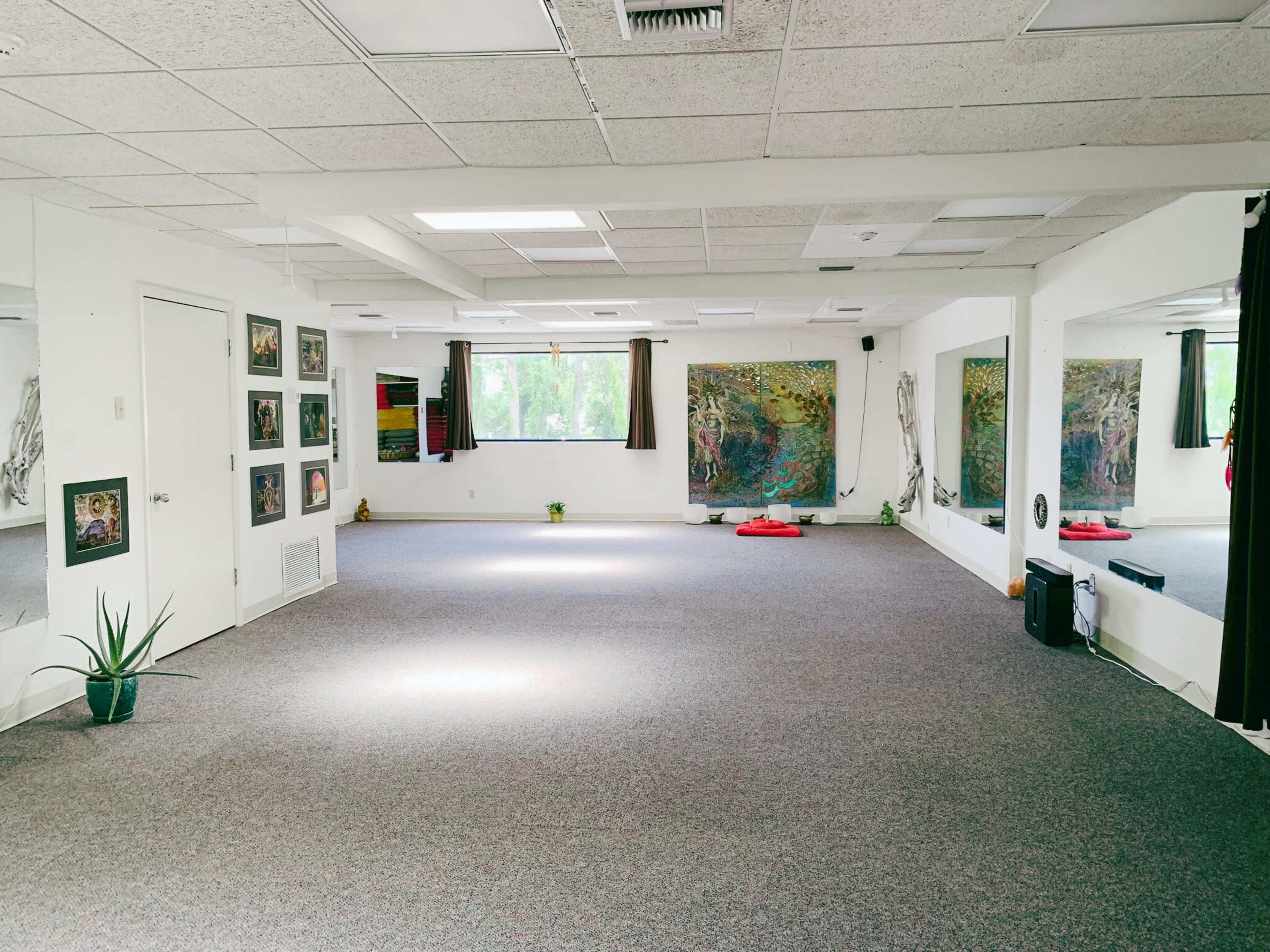 A spacious, empty yoga studio with carpeted flooring, large mirrors on one wall, and colorful artworks hanging on the opposite wall.